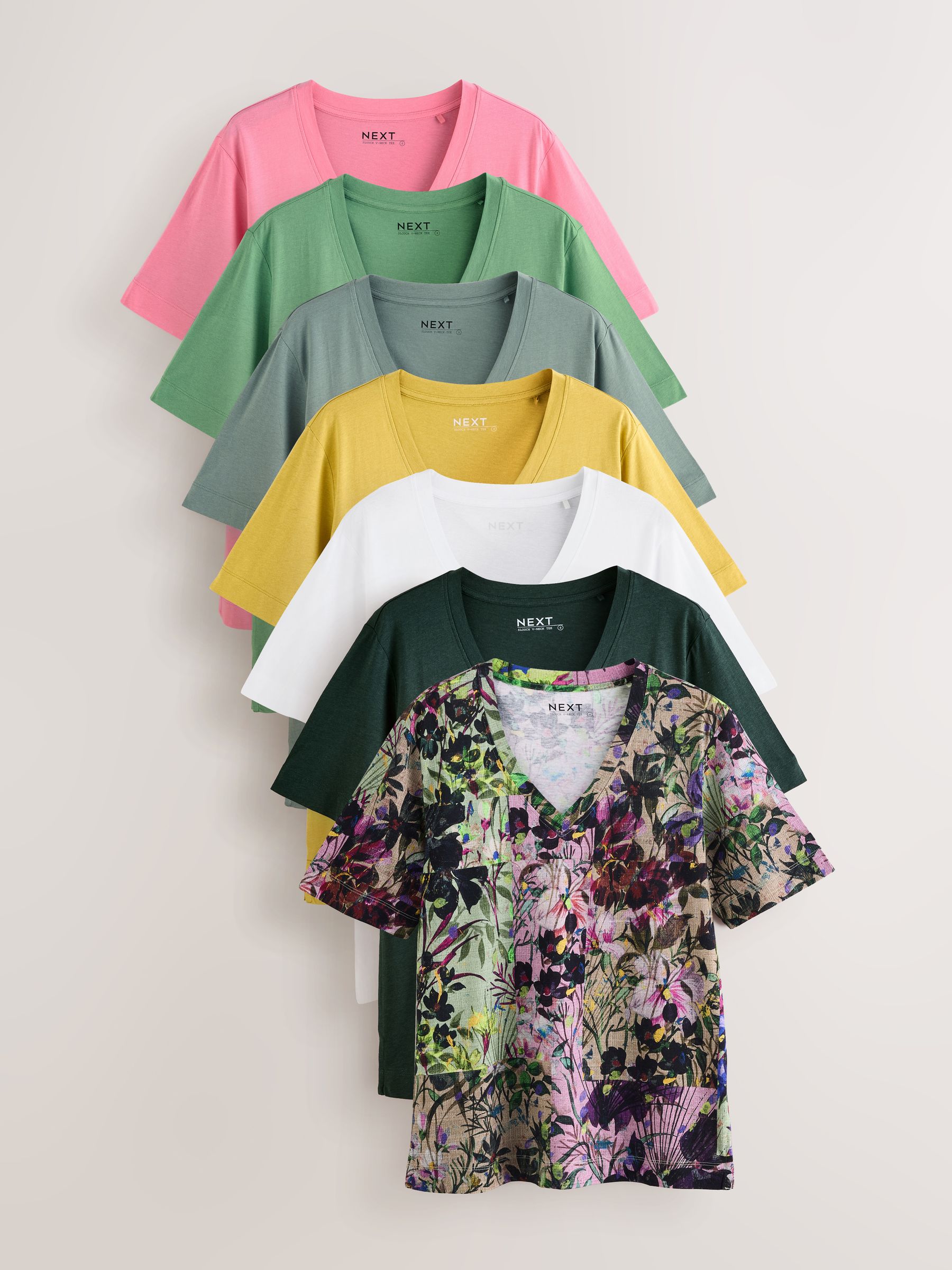 Floral/Pink/Green/Yellow/Grey/White/Black Modal Slouch T-Shirts 7 Pack