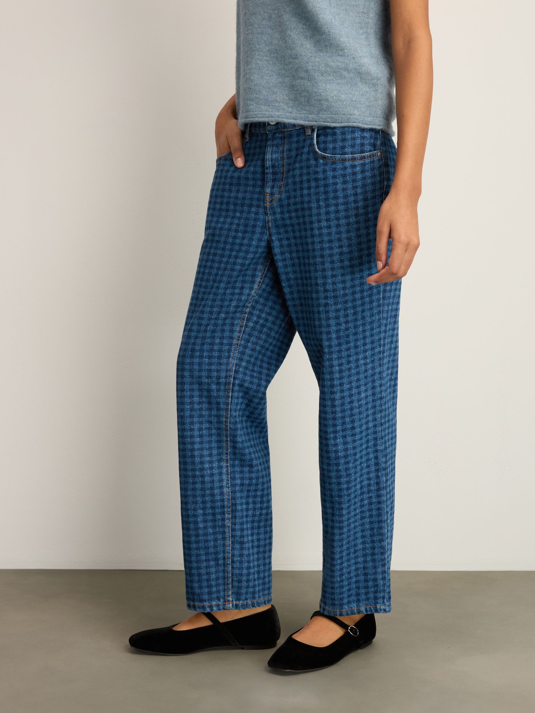Blue Gingham Straight Leg 100% Cotton Jeans