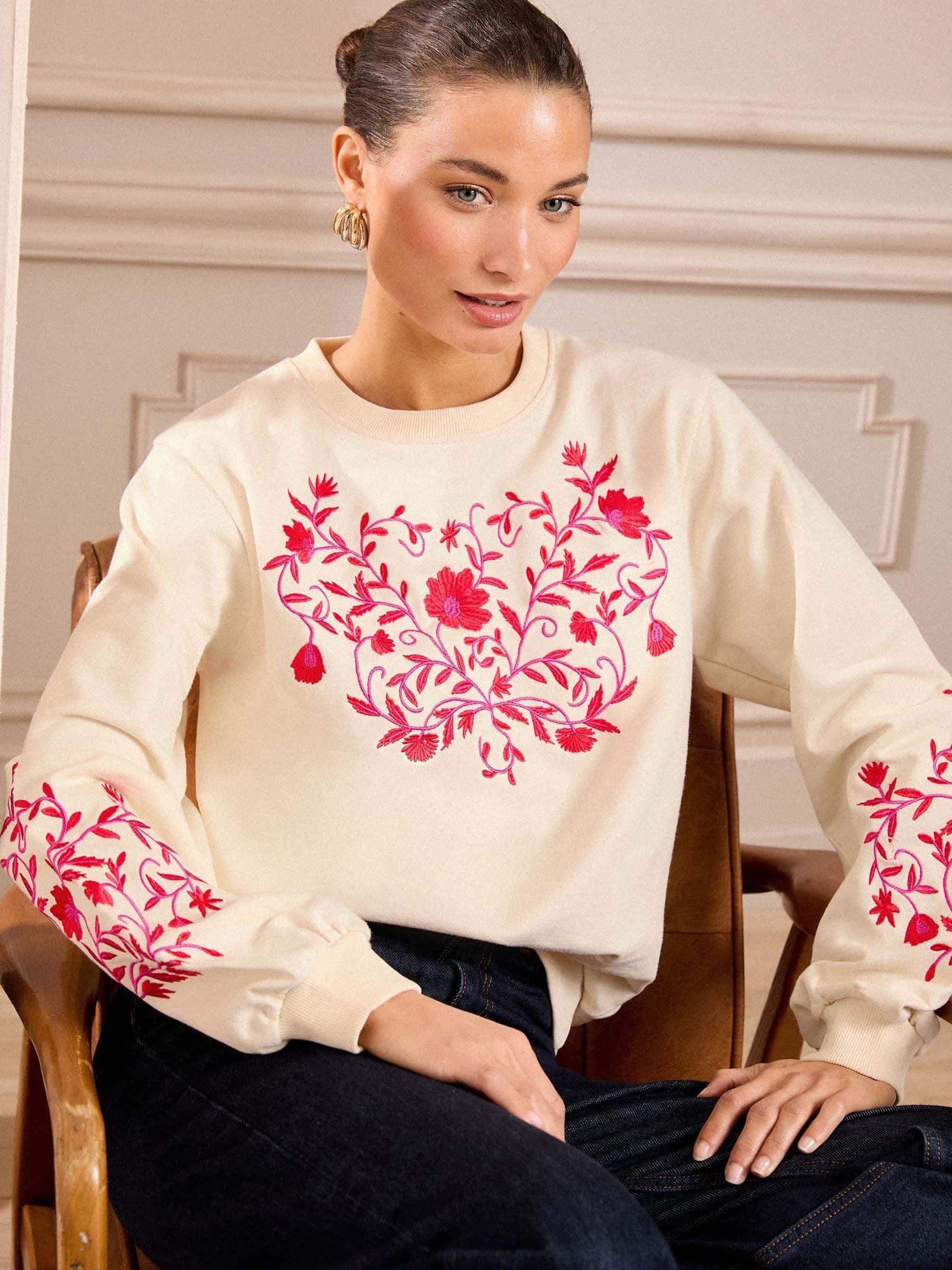 Love & Roses Ivory Red And Pink Embroidered Jersey Sweatshirt