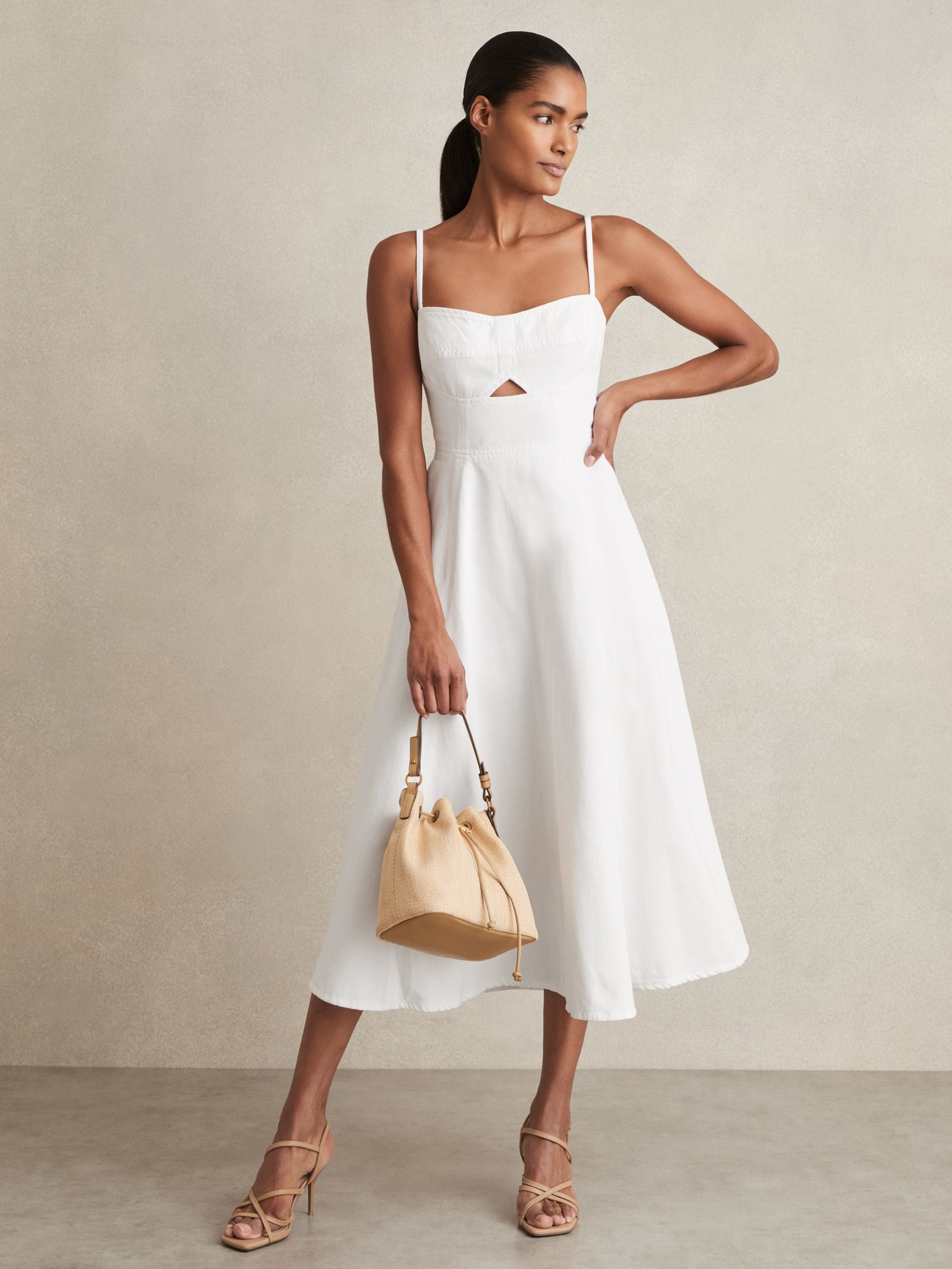 Reiss White Annie Denim Fit and Flare Midi Dress