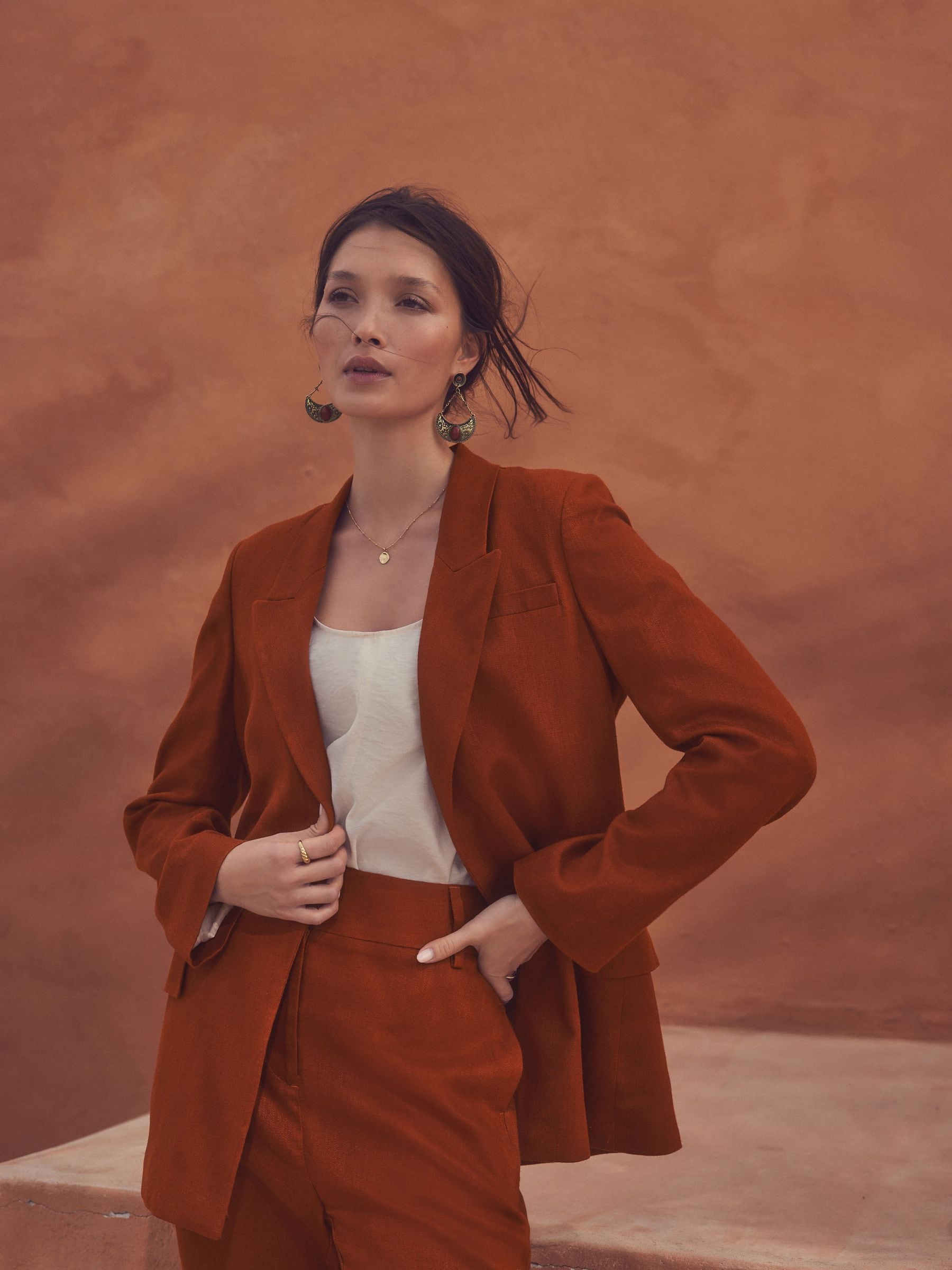 Rust Brown Tailored Blazer With Linen