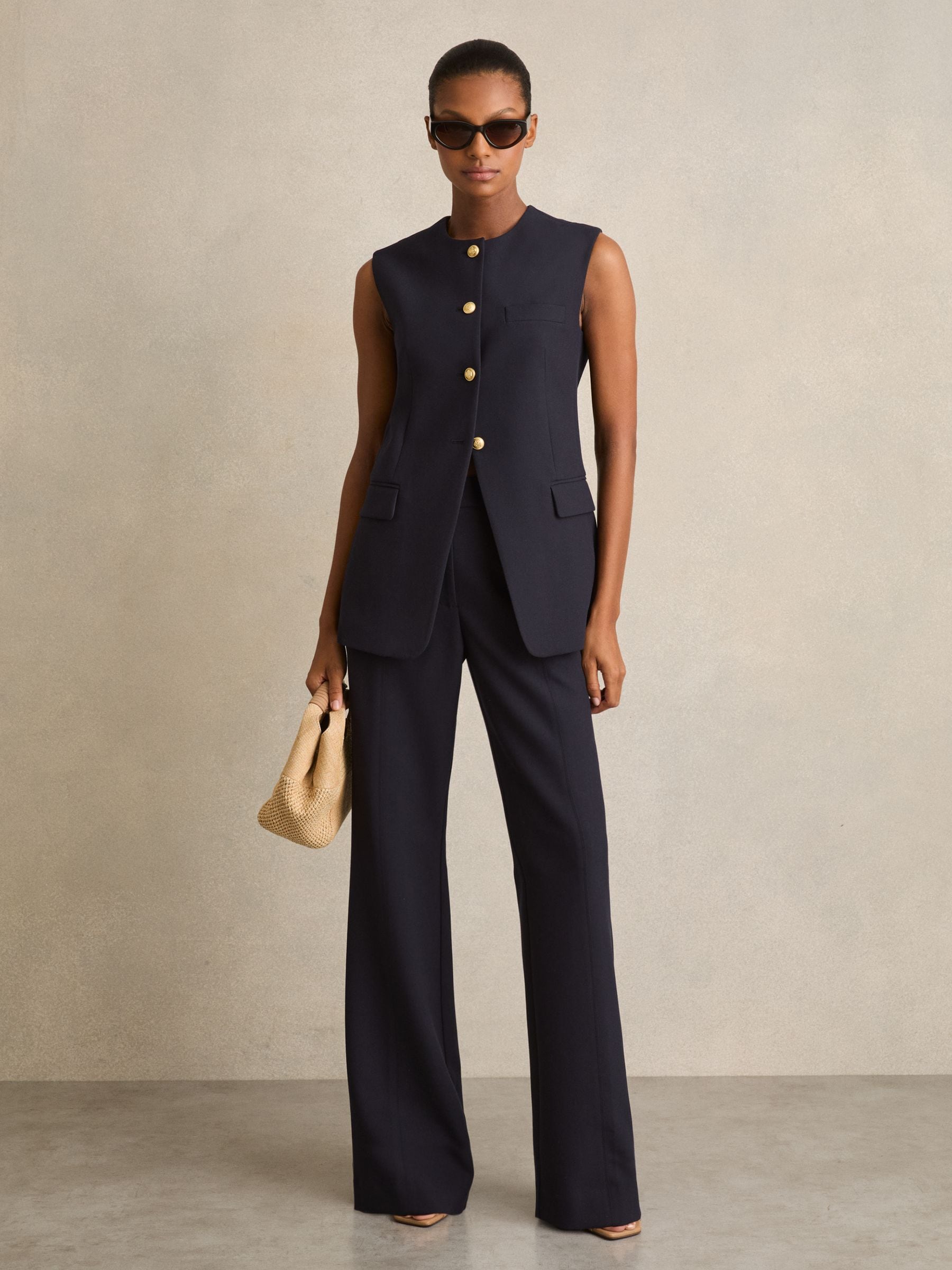 Reiss Navy Athena High-Neck Longline Waistcoat