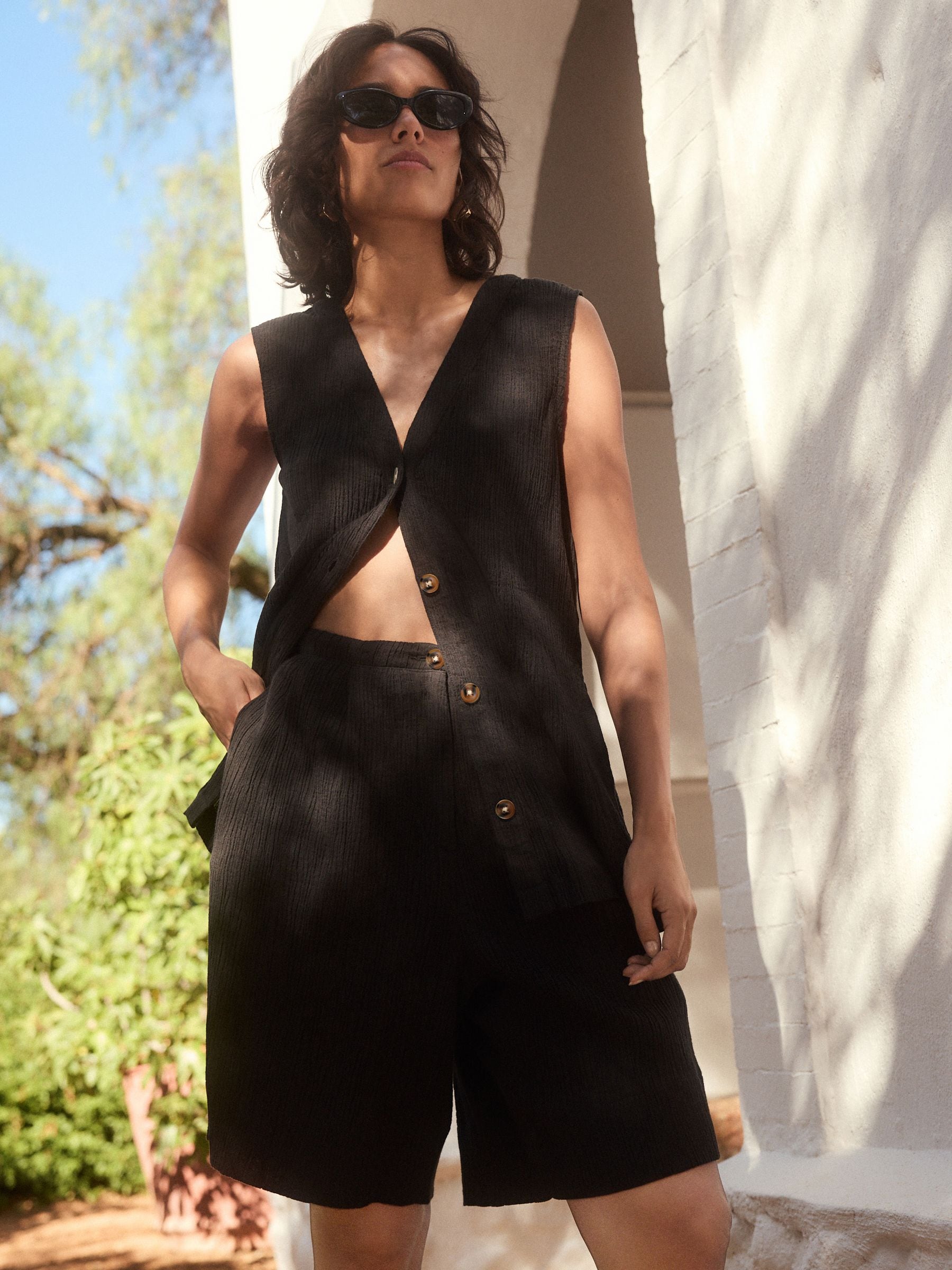 Black Crinkle Linen Blend Waistcoat