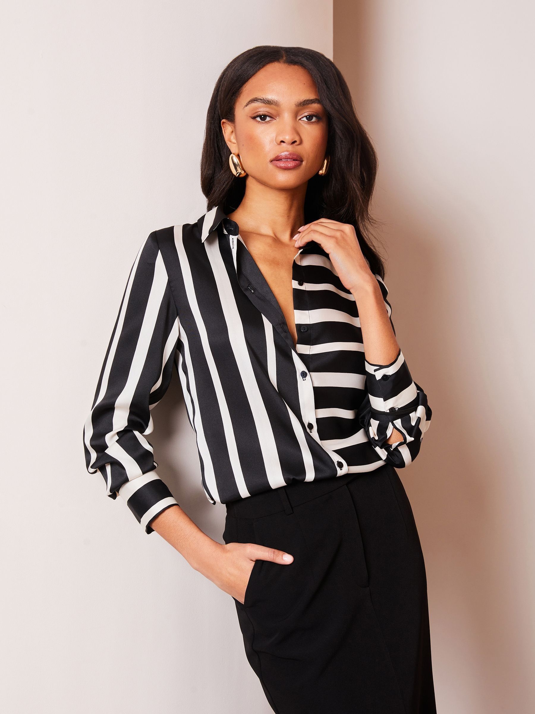 Lipsy Black Stripe Satin Printed Shirt