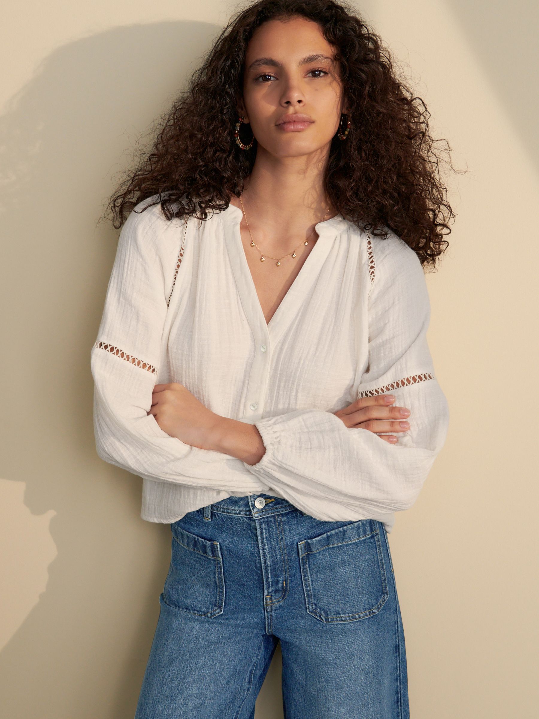 White Button Down Long Sleeve 100% Cotton Doublecloth Blouse