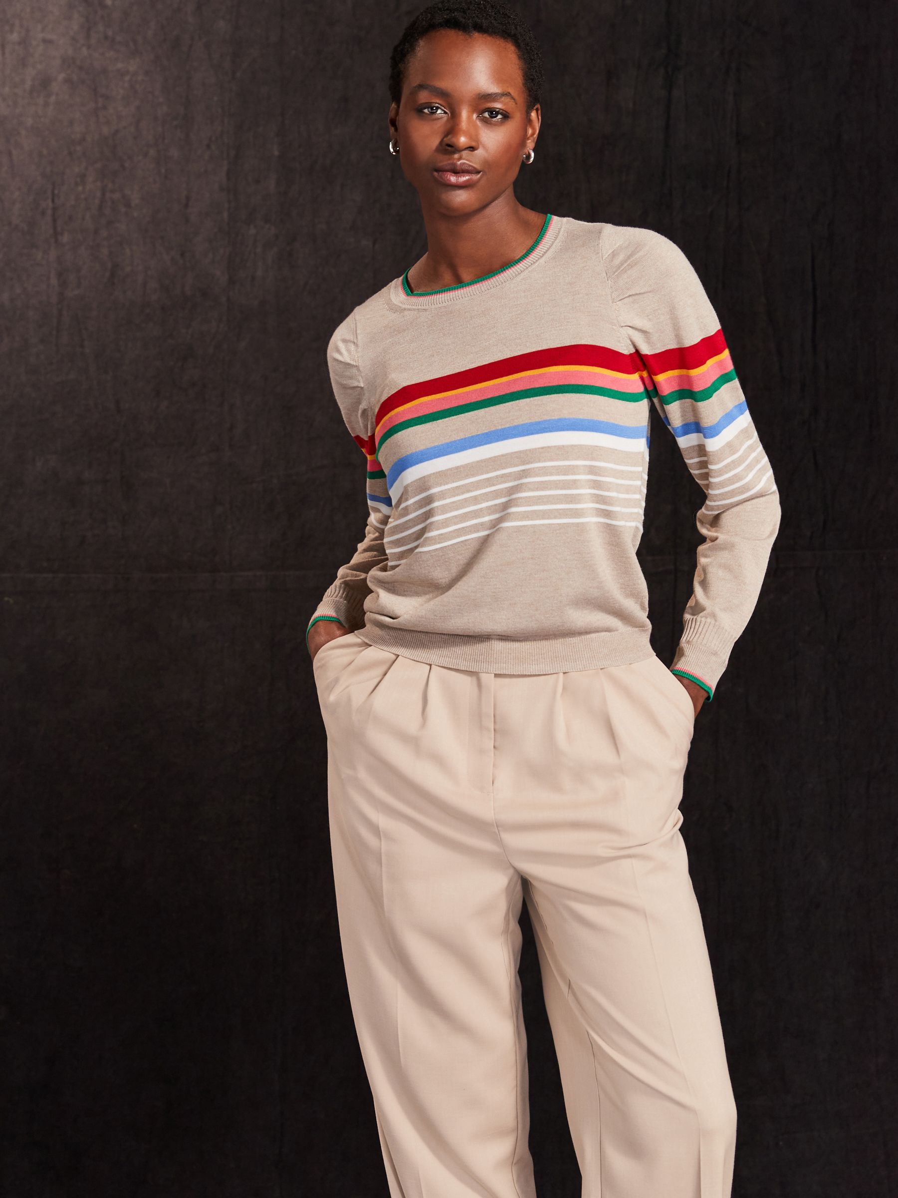 Neutral with Rainbow Stripe Crew Neck Long Sleeve Pattern Knitted Jumper