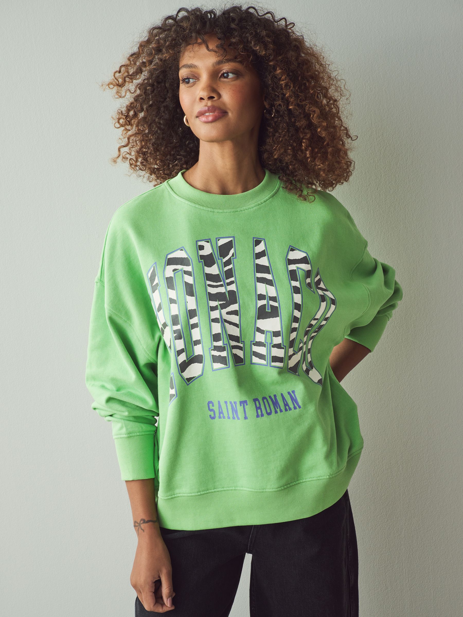Green Zebra Print Graphic Crewneck 100% Cotton Sweatshirt