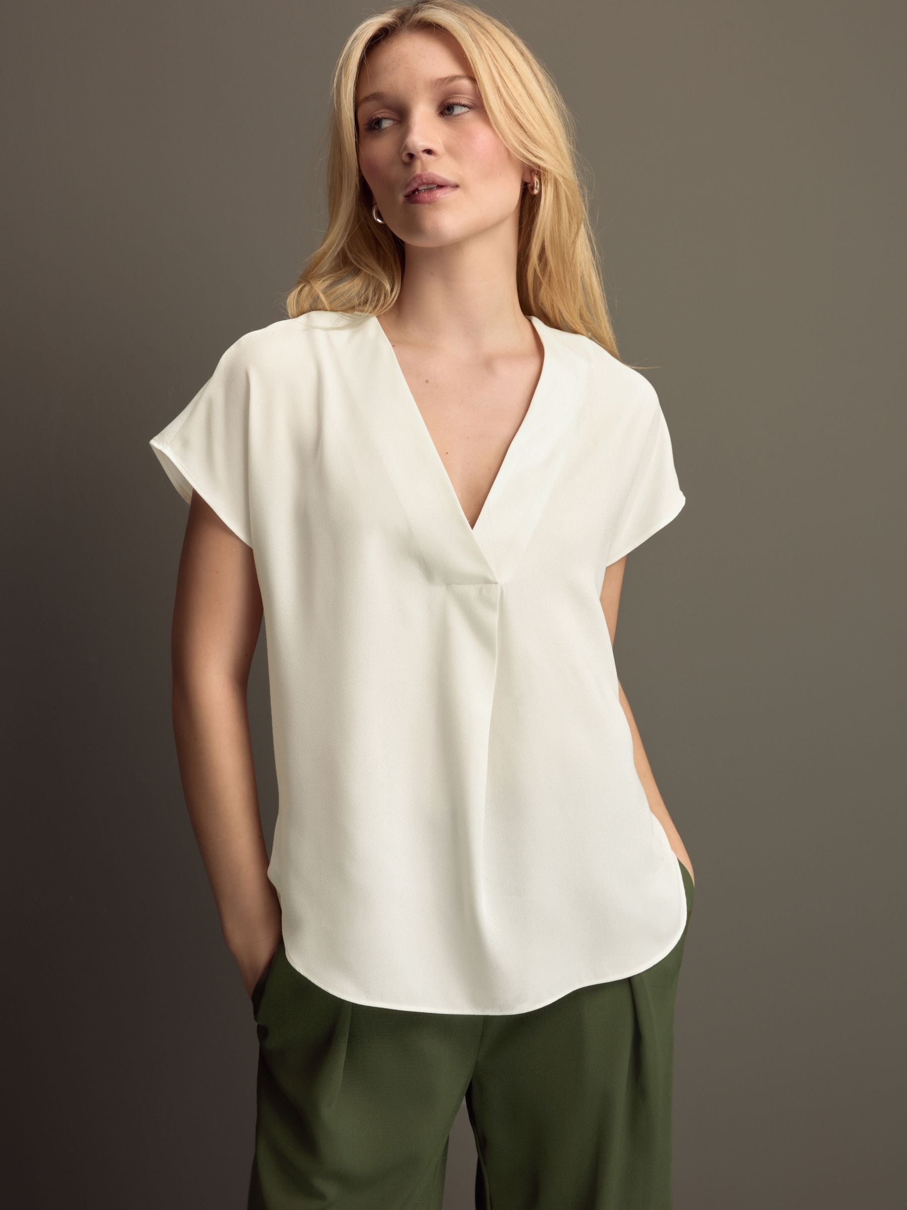 Cream Relaxed Fit Short Sleeve Overhead V-Neck Blouse