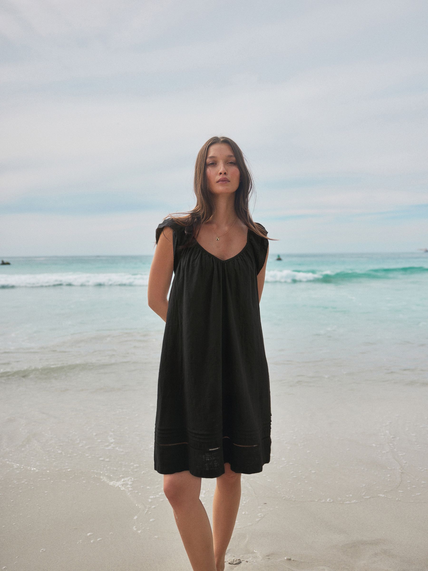Black V-Neck Ruffle Sleeve Mini Dress with Linen