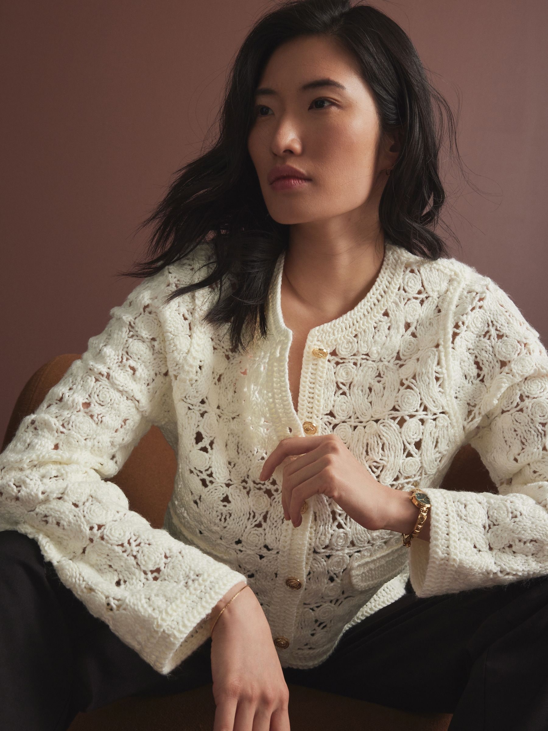 White Ecru Crochet Knitted Button Through Cardigan