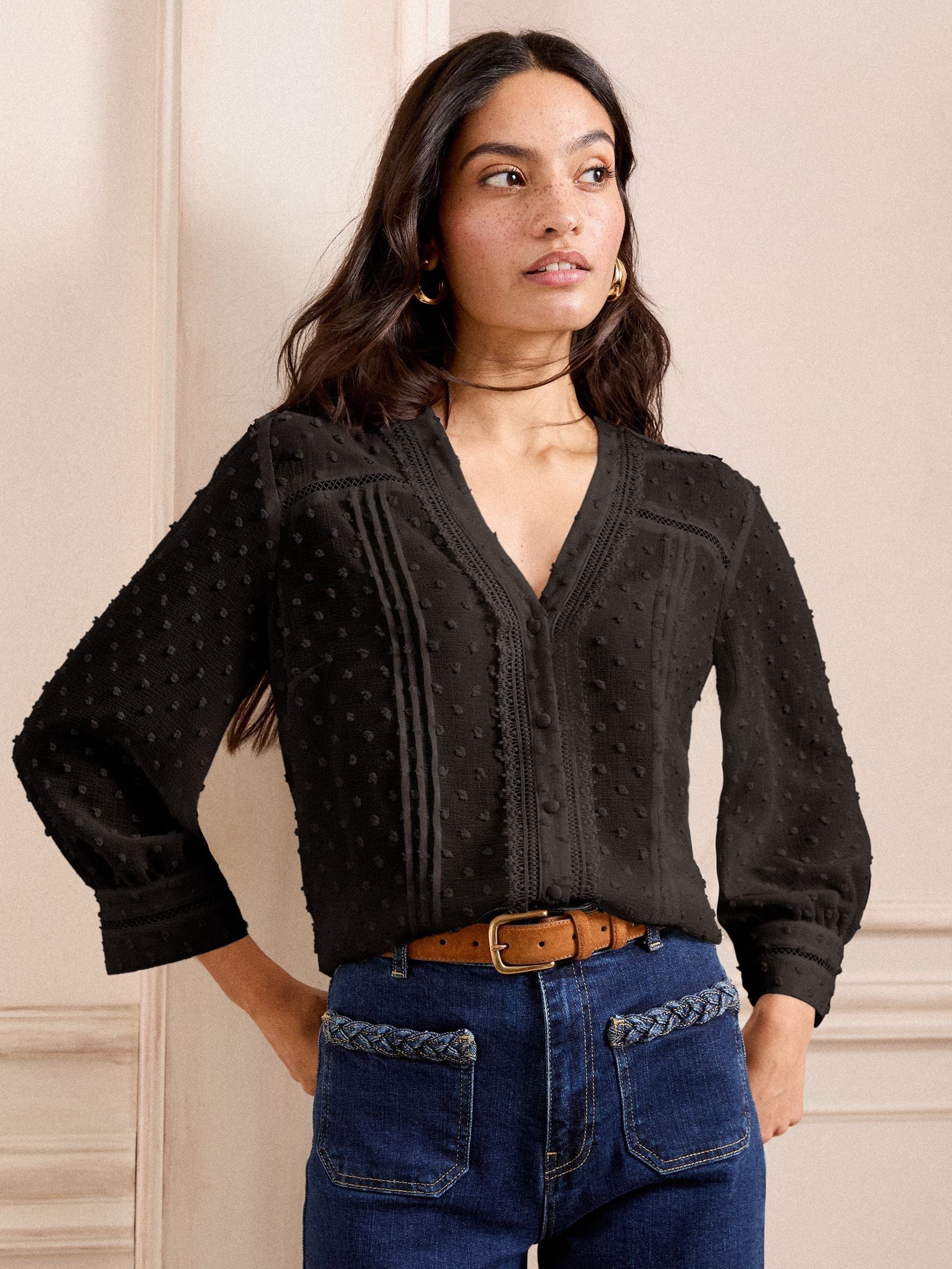 Love & Roses Black Dobby Notch Neck 3/4 Sleeve Blouse