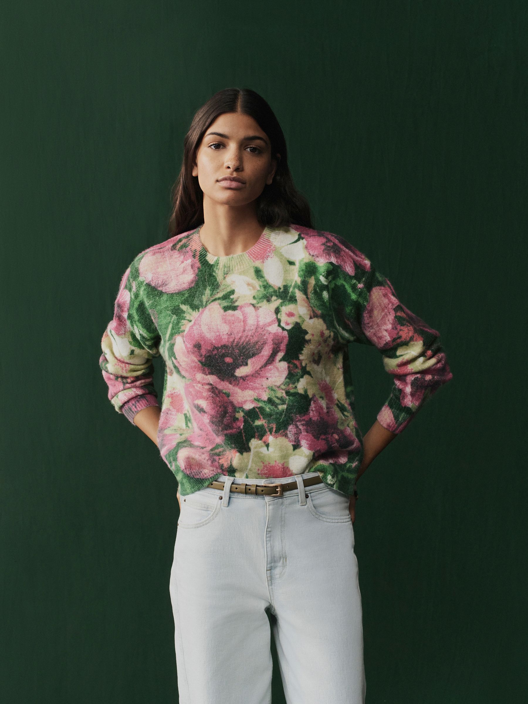 Pink Floral Printed Crew Neck Jumper