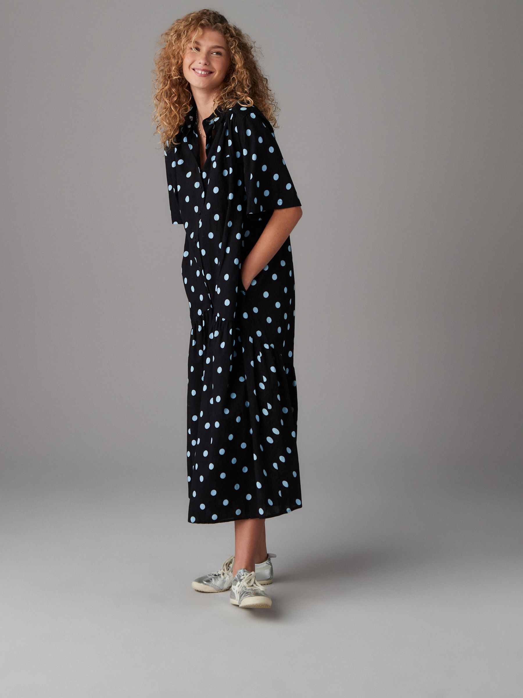 Black and Blue Spot Print Short Sleeve Drop Waist 100% Cotton Maxi Shirt Dress