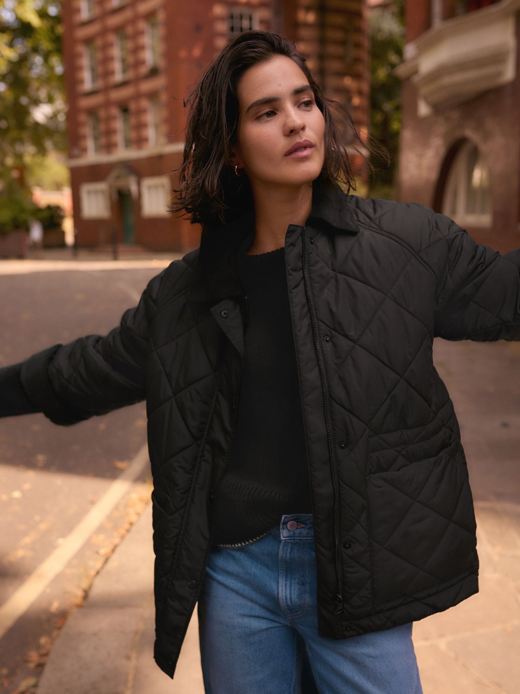 Black Quilted Corduroy Collar Shower Resistant Jacket