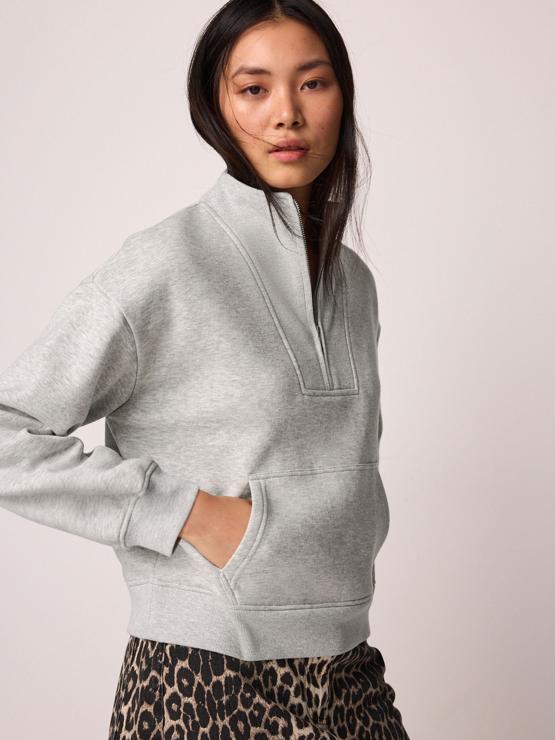 Grey Graphic Mod Zip Neck Sweat Top