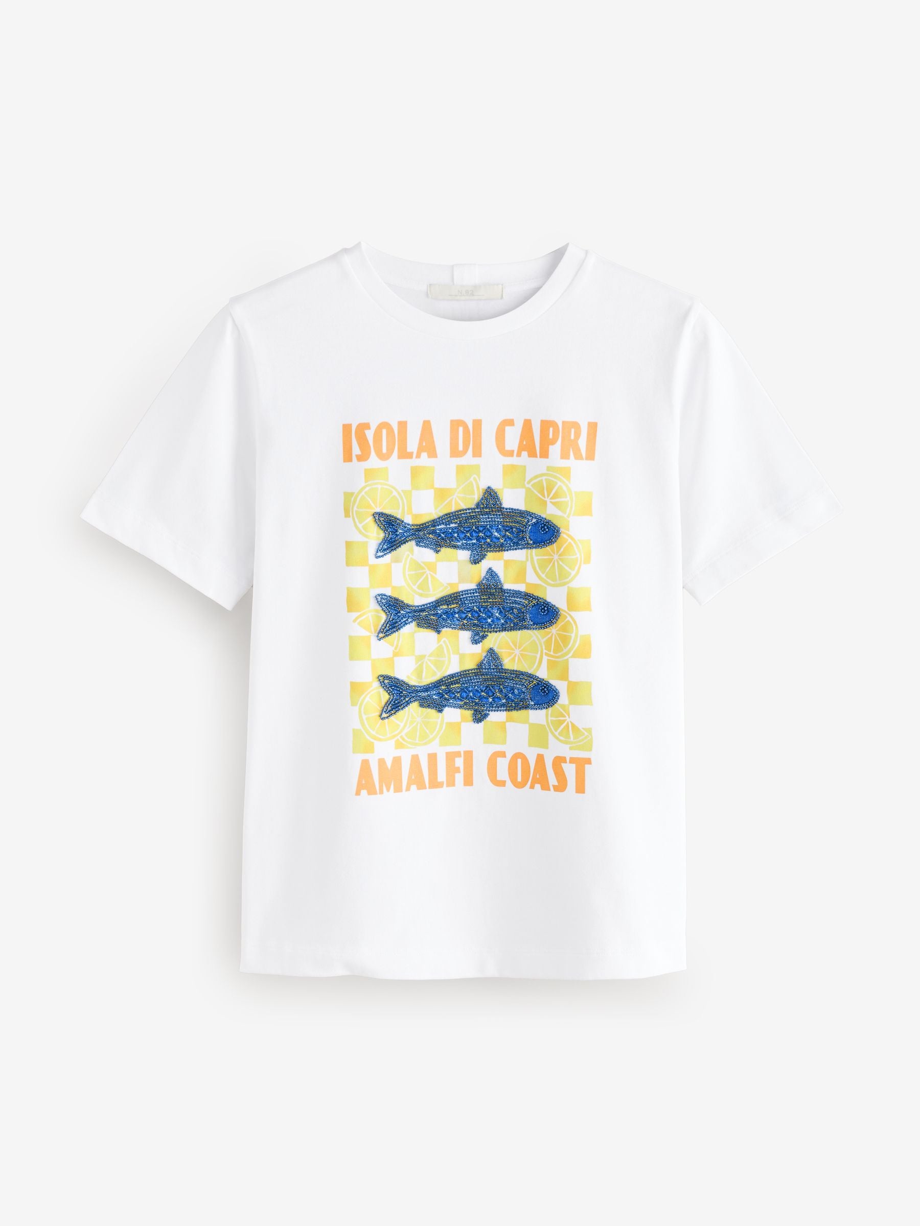 White Amalfi Fish Graphic Heavyweight Short Sleeve Crew Neck 100% Cotton T-Shirt