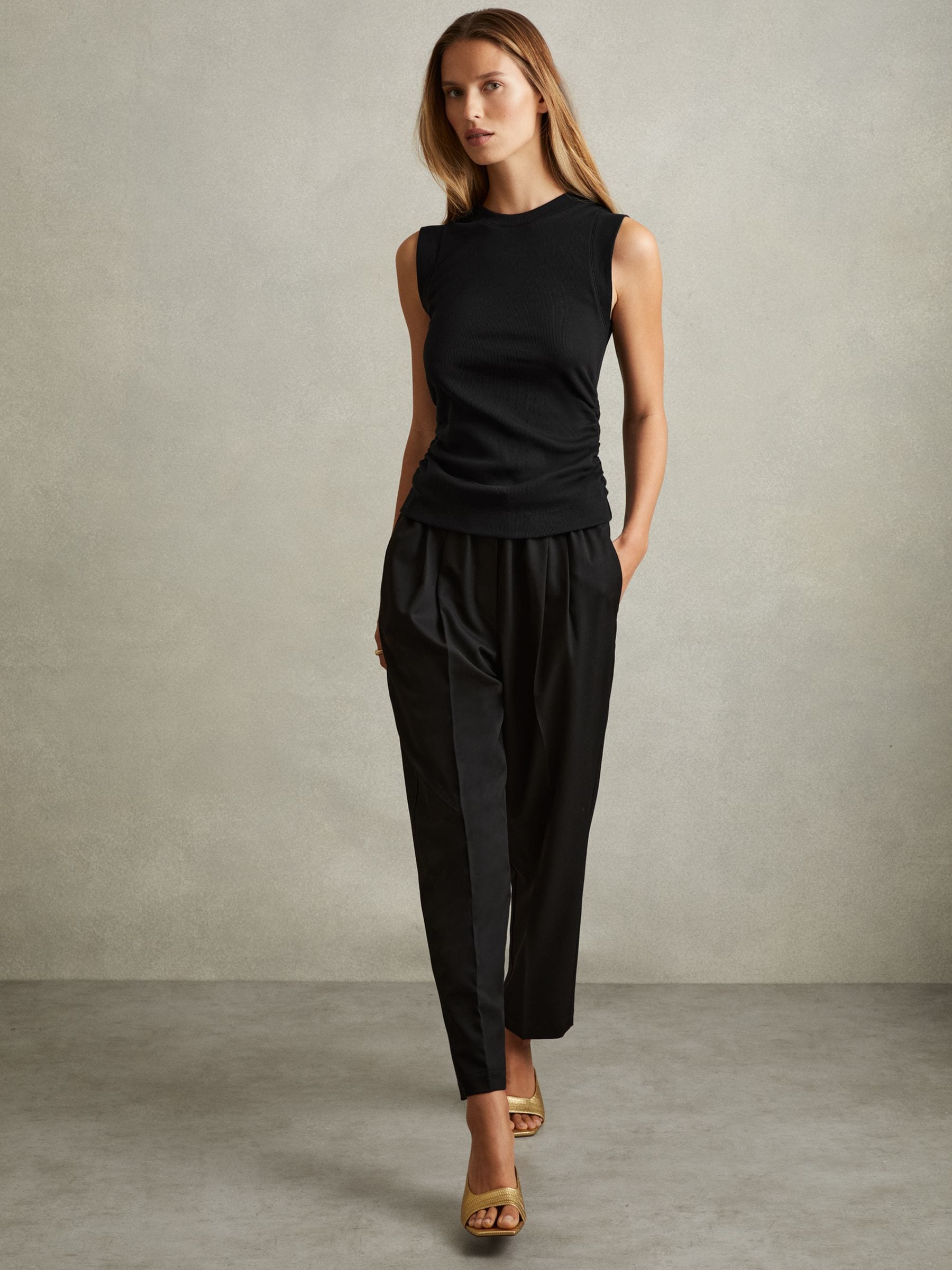Reiss Black Trudy Ribbed Ruched Waist Vest