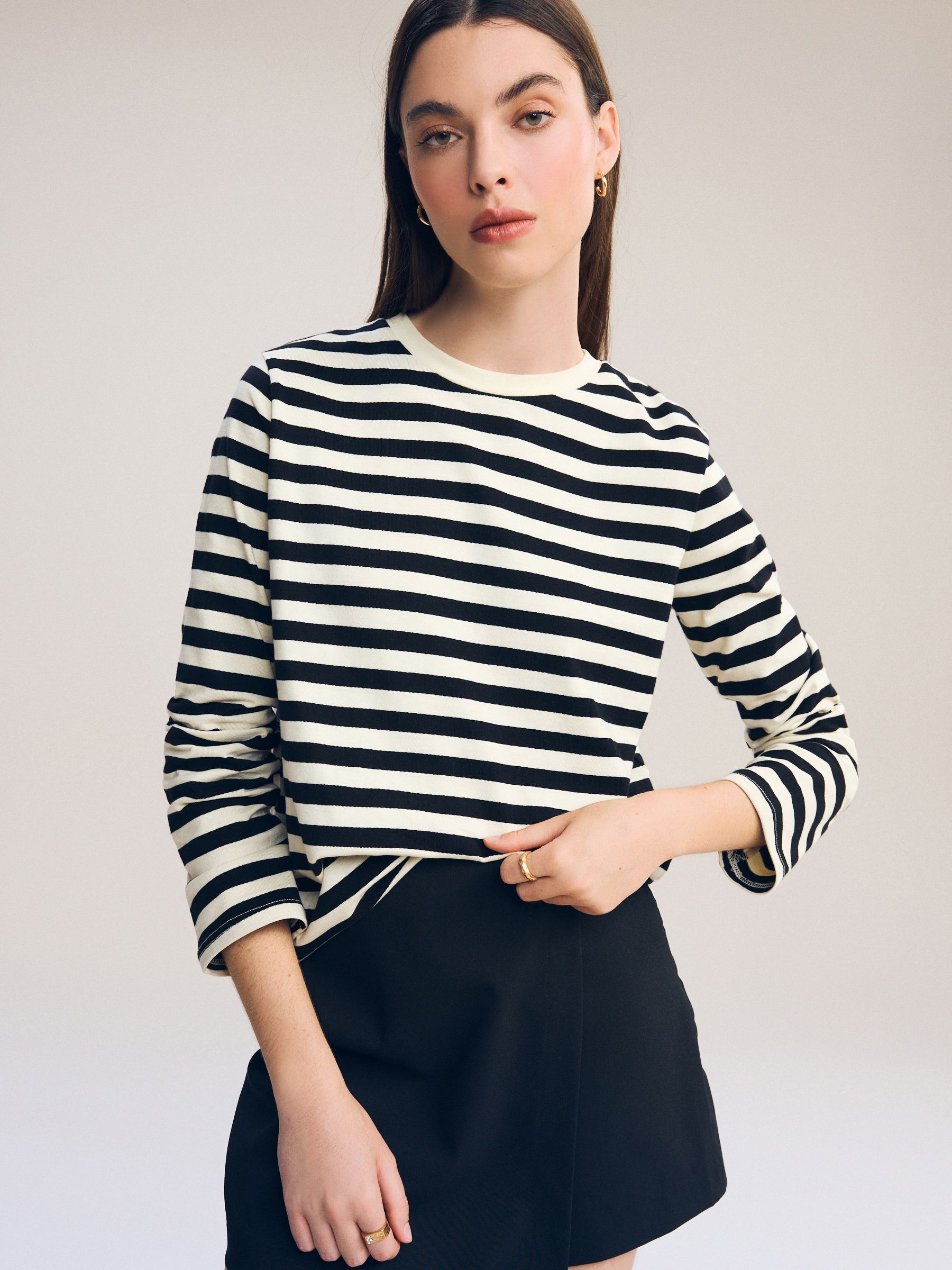 Black/Ecru Stripe Long Sleeve Heavyweight Crew Neck T-Shirt