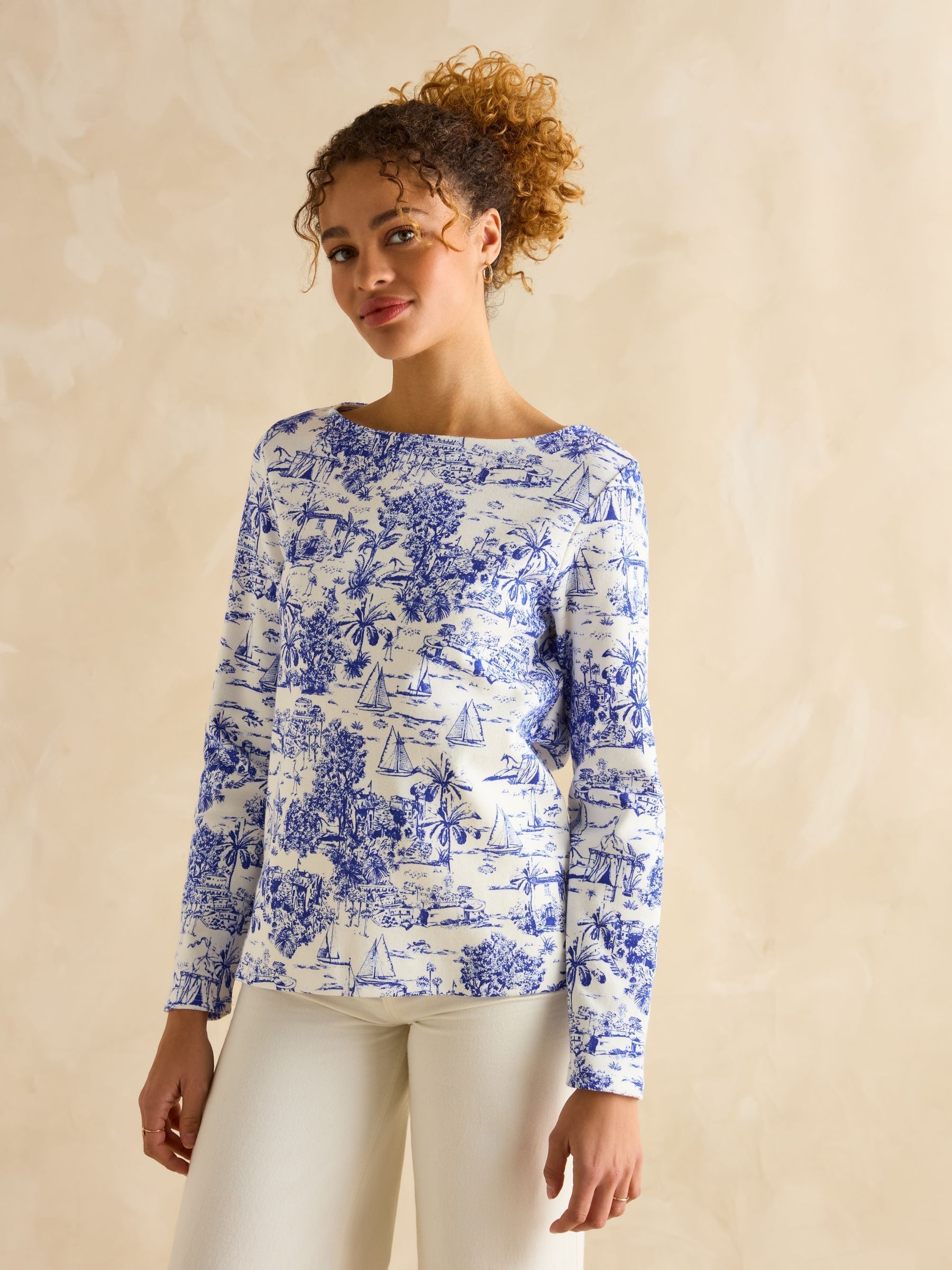 Joules Harbour Toile de Jouy Blue Boat Neck Printed Top