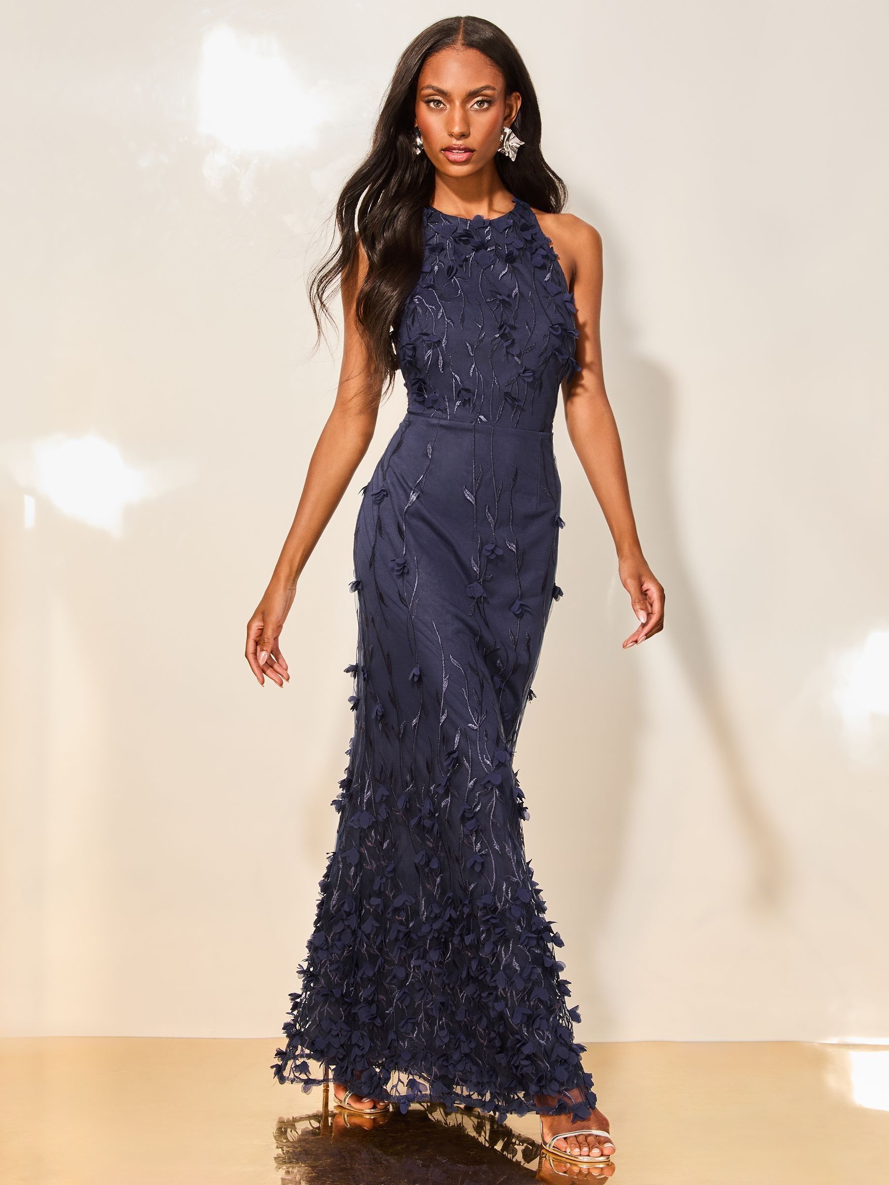 Lipsy Navy Premium Floral 3D Textured Halter Maxi Dress