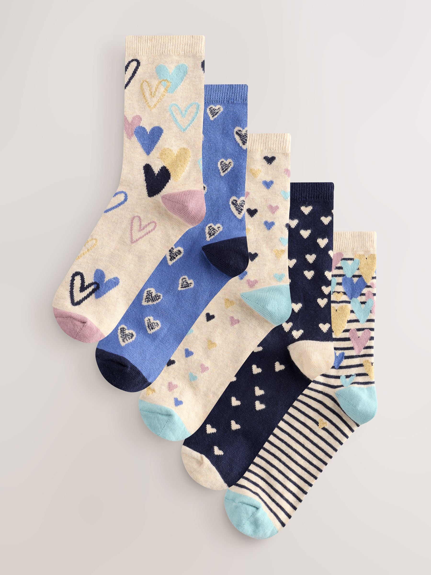 Blue/Oatmeal Hearts Ankle Socks 5 Pack