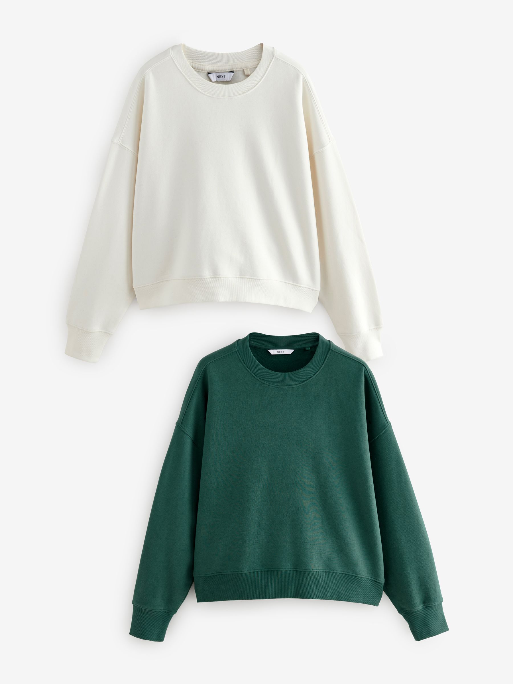 Green/Ecru Supersoft Peached Essentials Crew Neck Seam Detail Sweatshirts 2 Pack