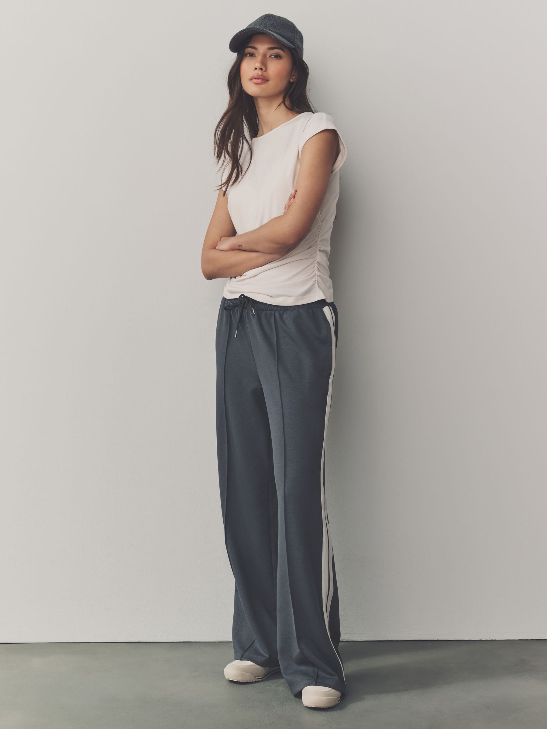 Ink Navy Blue Slinky Wide Leg Corduroy Side Stripe Track Trousers