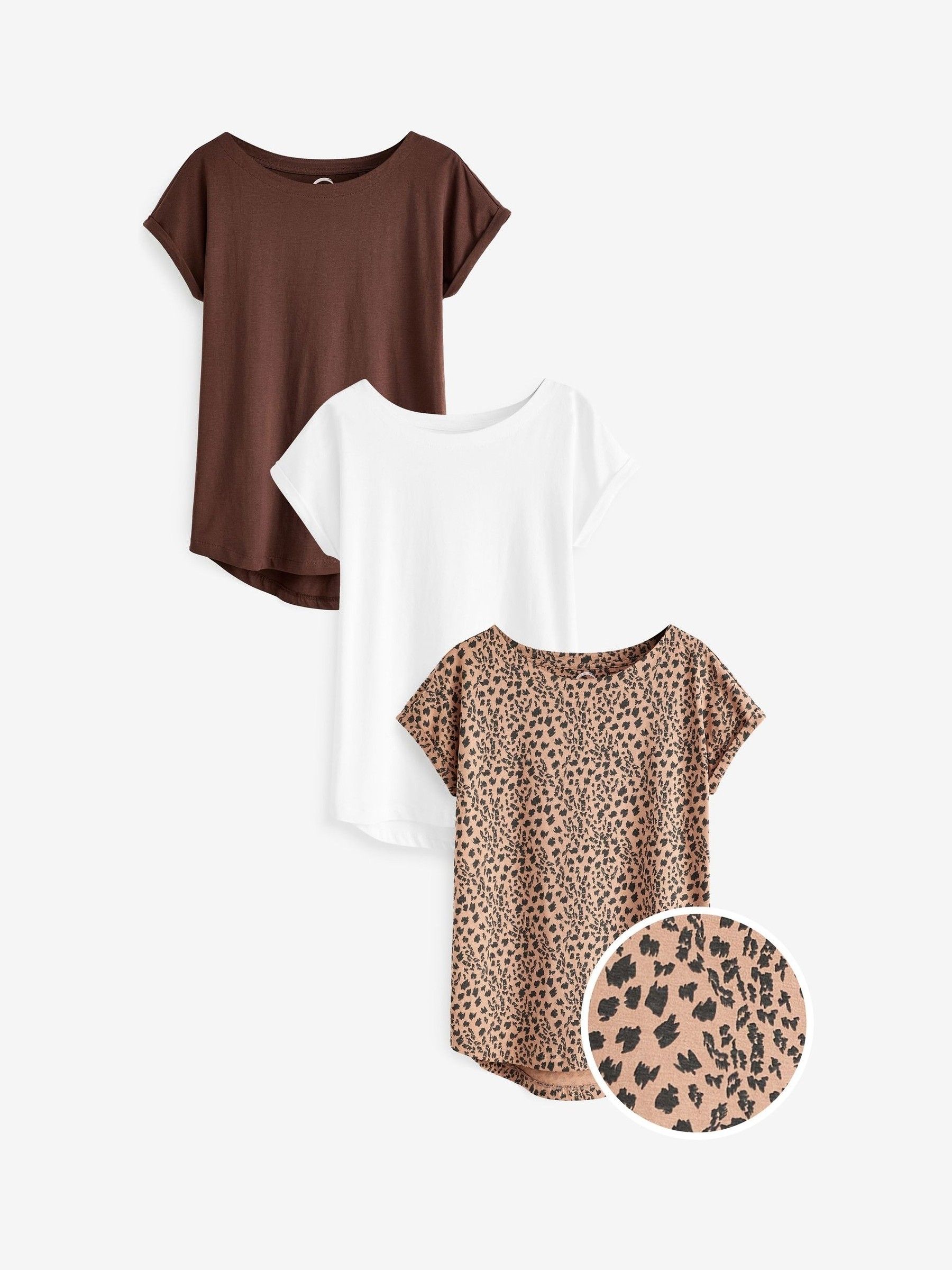 White/Brown/Animal Cap Sleeve 100% Cotton T-Shirts 3 Pack