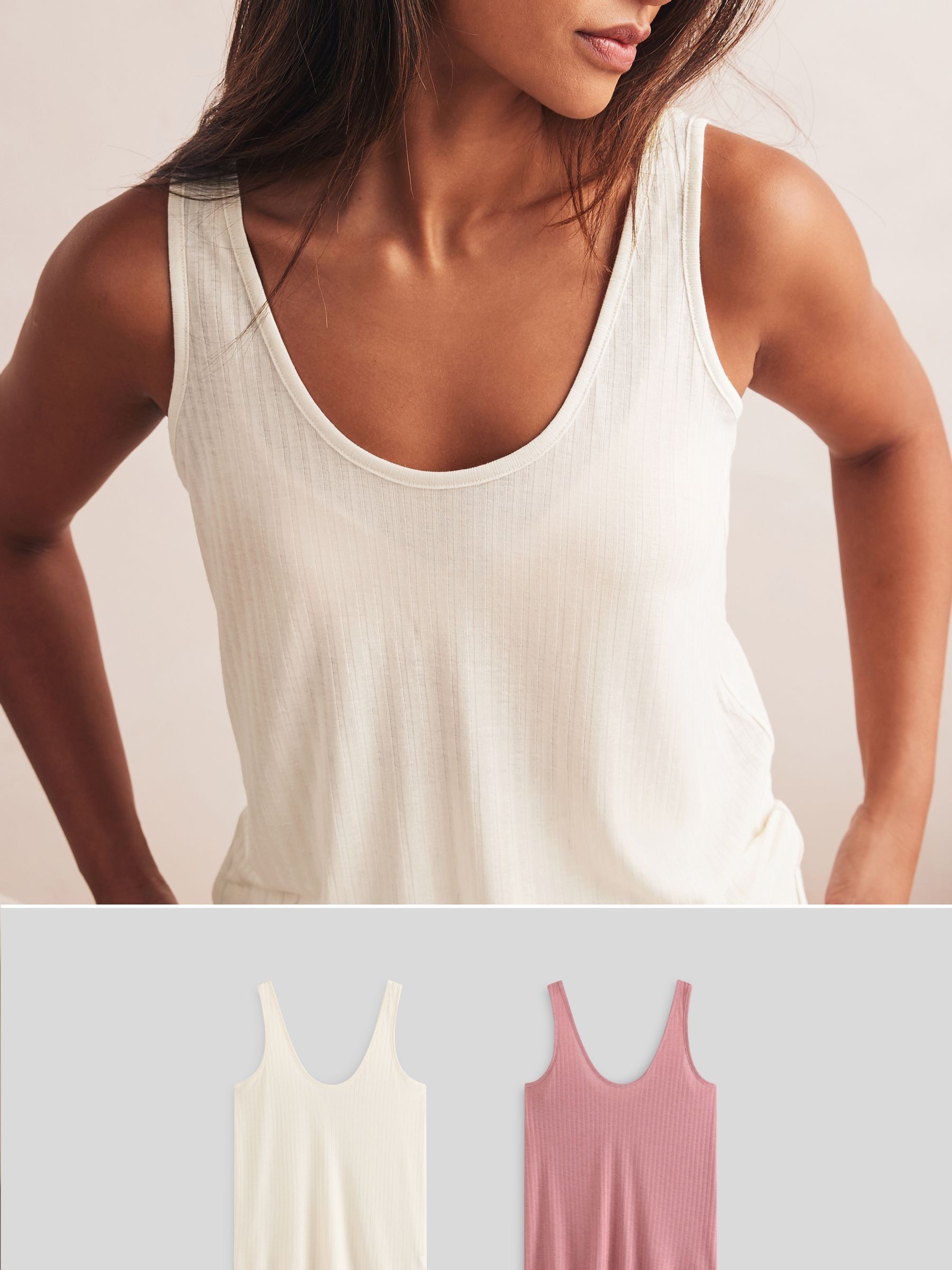 Pink/Cream Strappy Scoop Neck Slouch Ribbed Vests 2 Pack