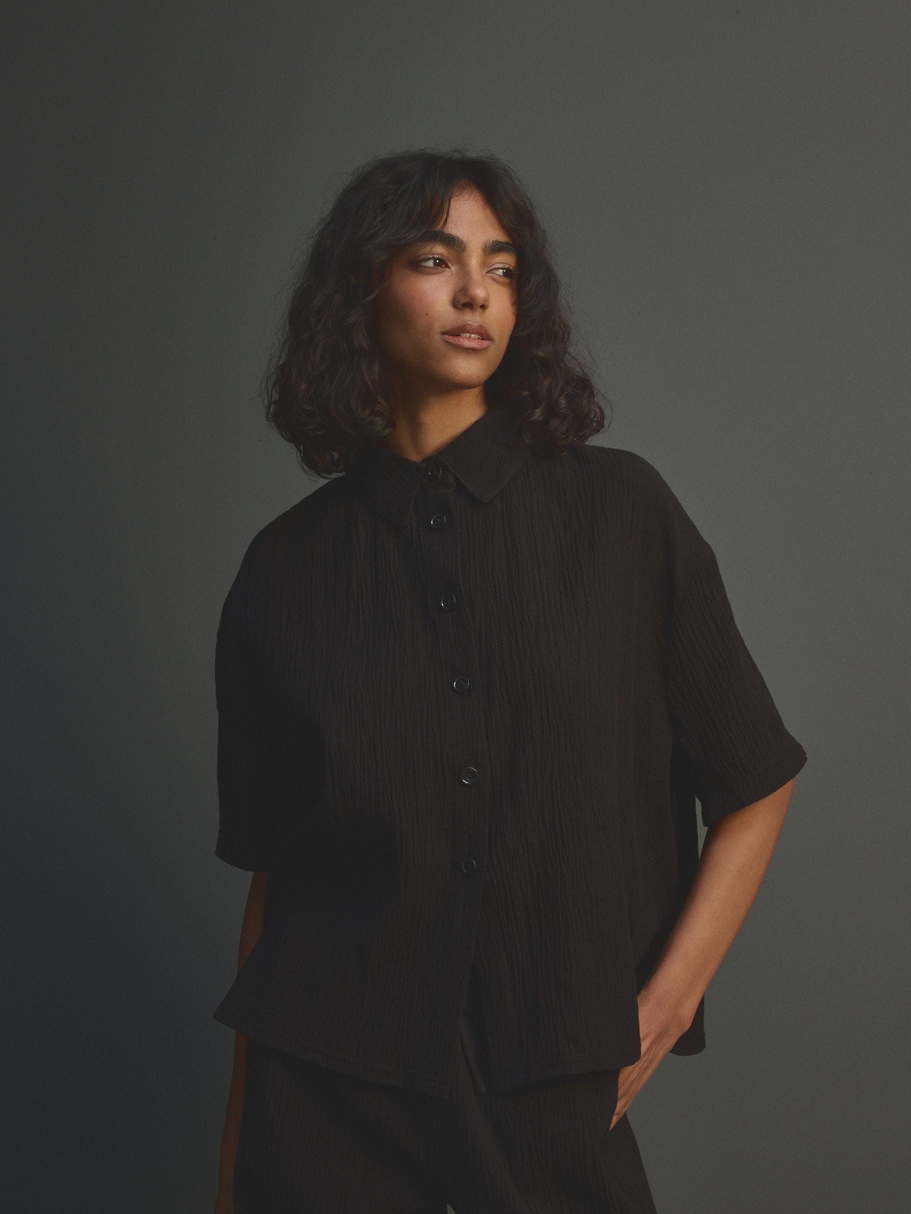 Black Short Sleeve Textured Co-ord Shirt With Linen