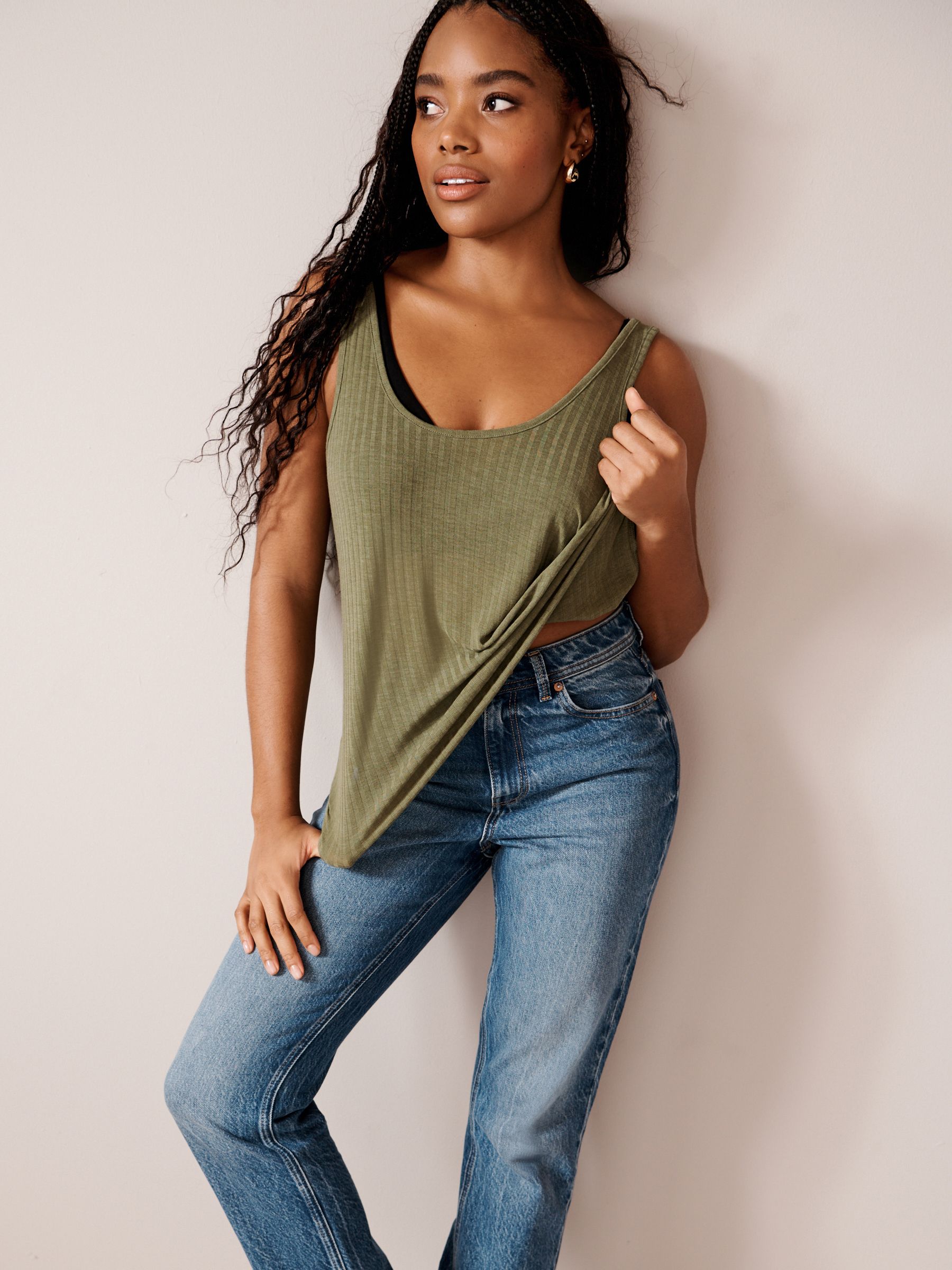 Black/ Khaki Green Strappy Scoop Neck Slouch Ribbed Vests 2 Pack