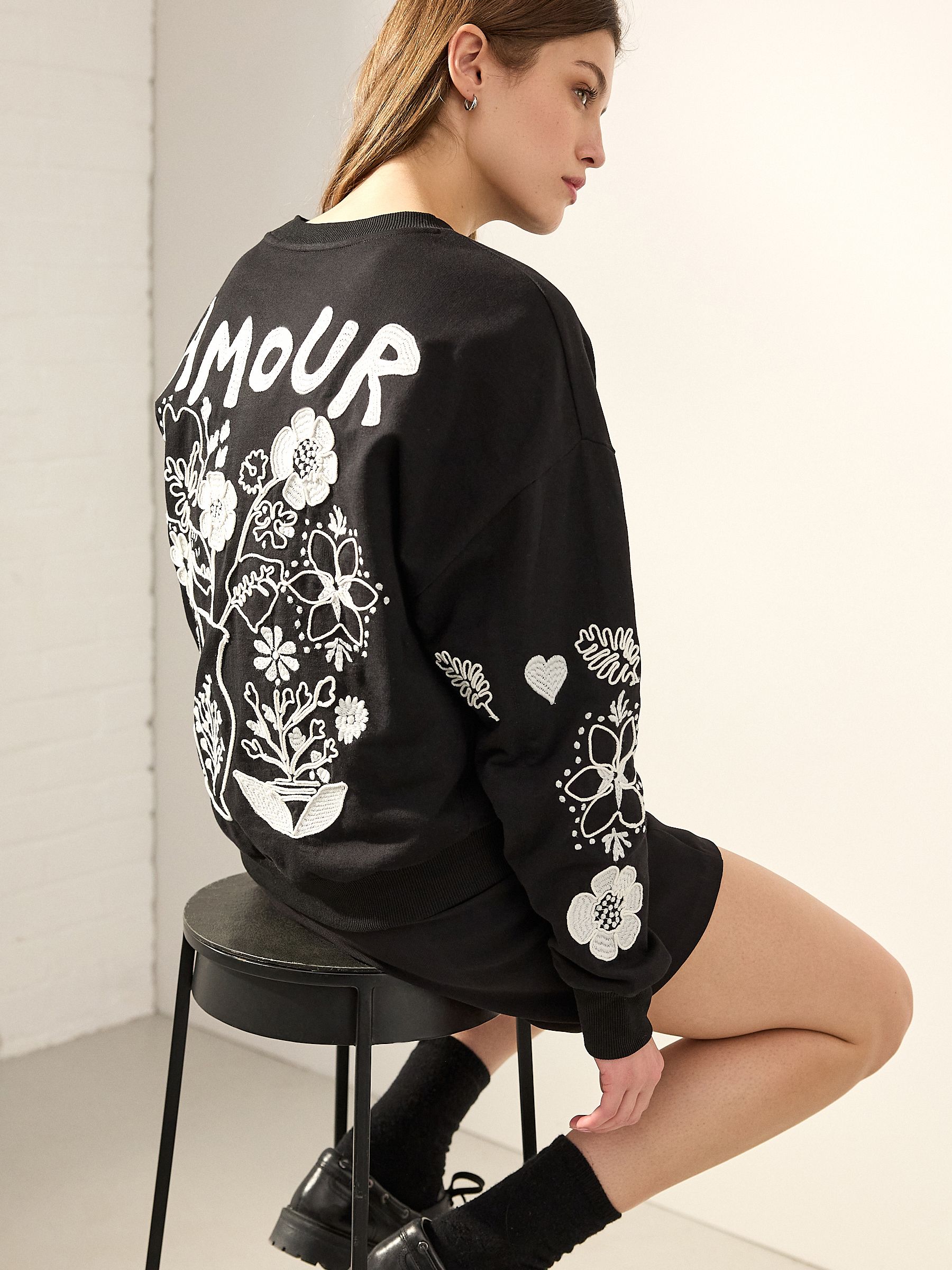Navy Blue/Ecru Amour Love Heavily Embroidered Luxe Back Graphic 100% Cotton Sweatshirt