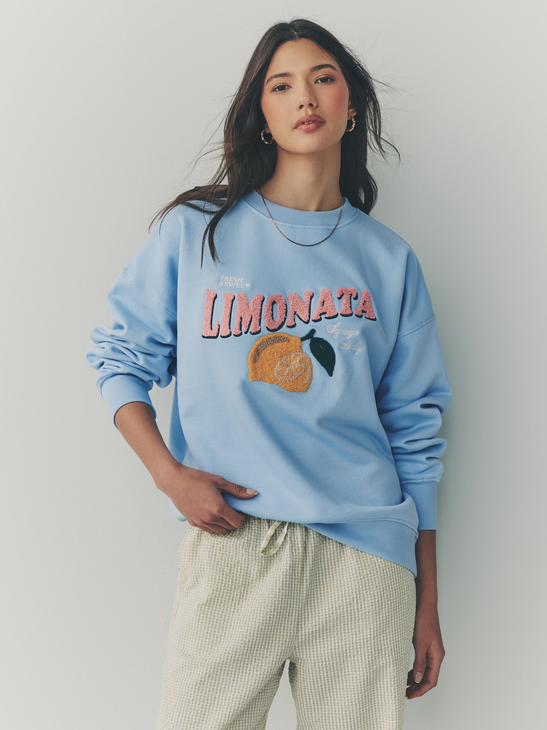 Blue Ribbed Detailed Graphic Sweat Top