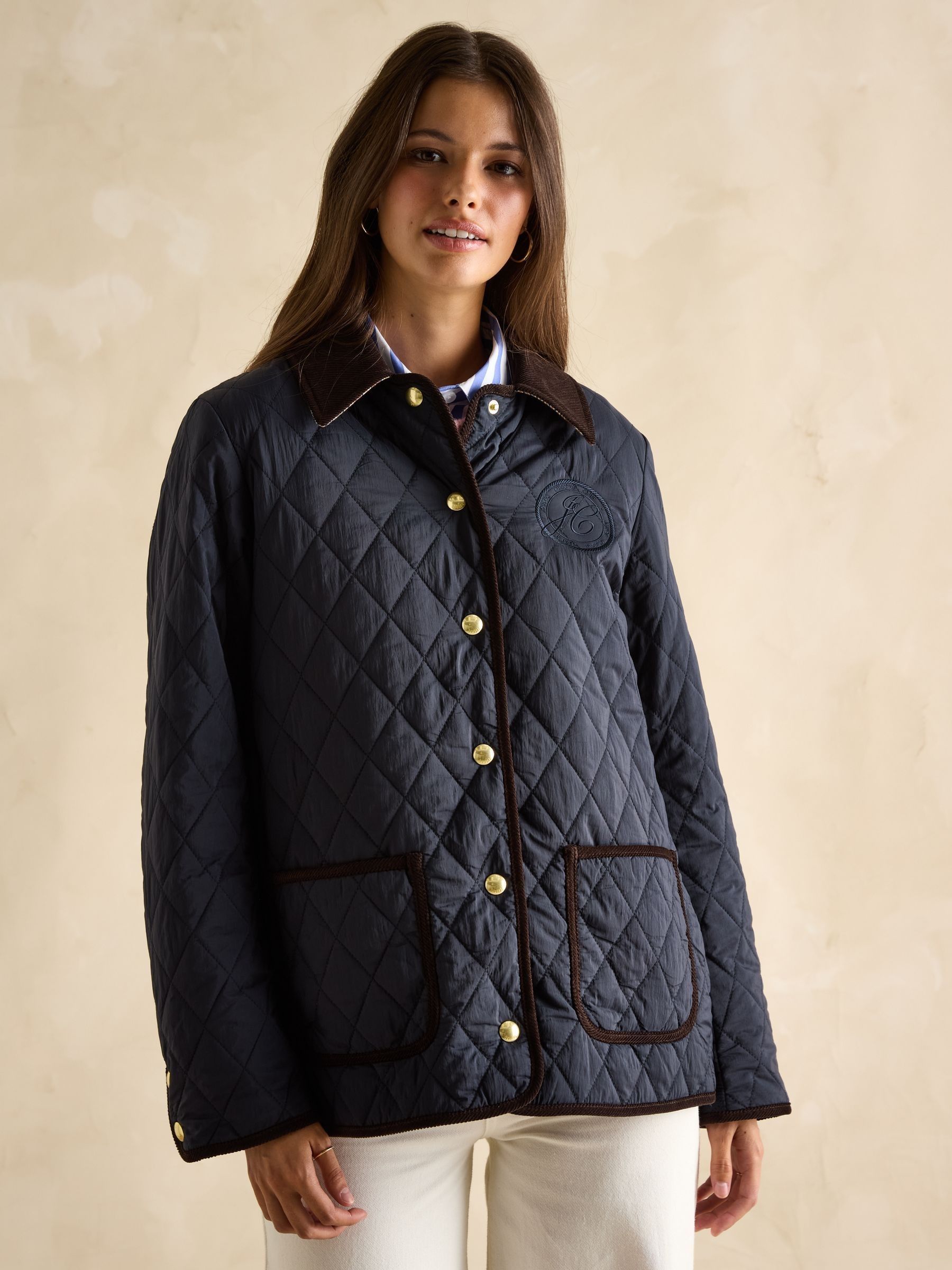 Joules Quinn Navy Showerproof Diamond Quilted Coat