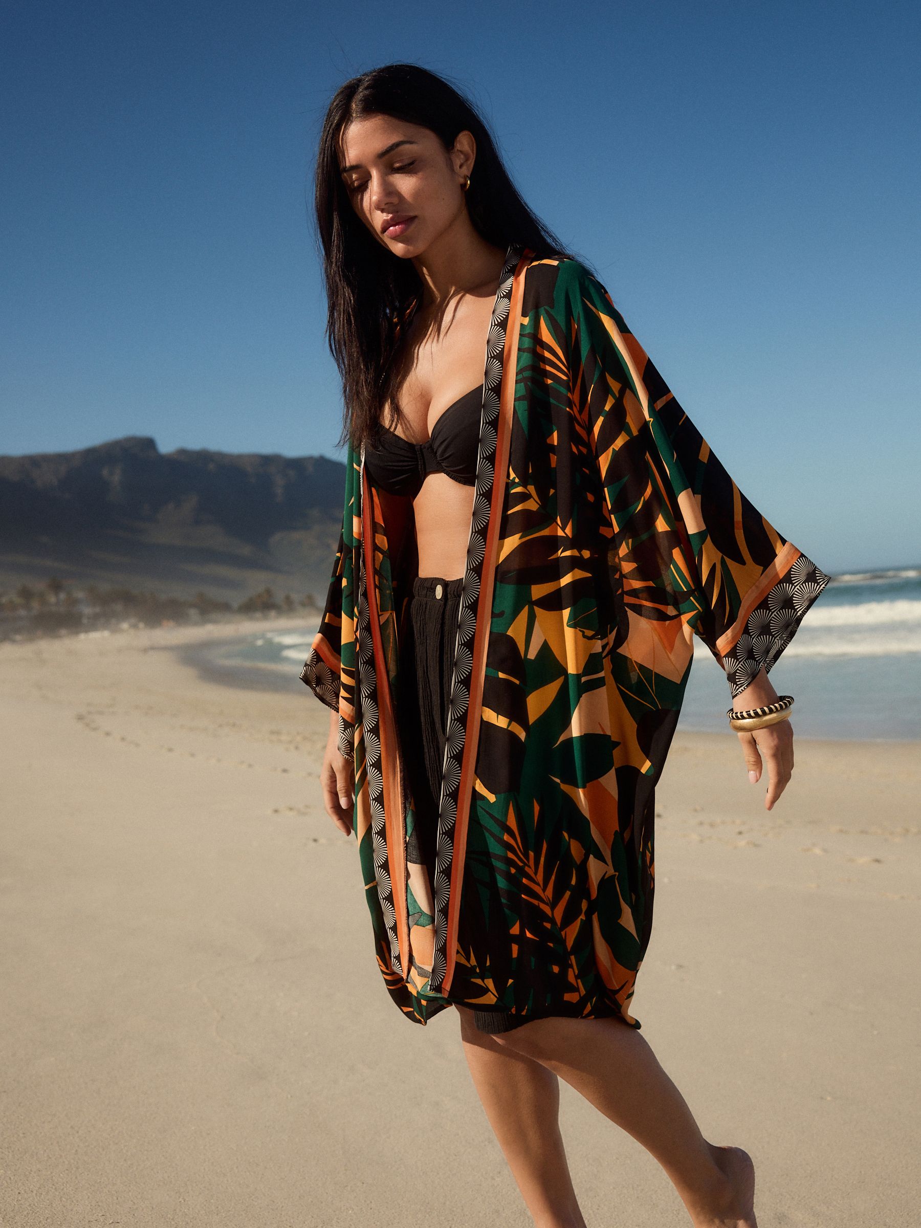 Multi Bright Palm Longline Kimono Cover-Up