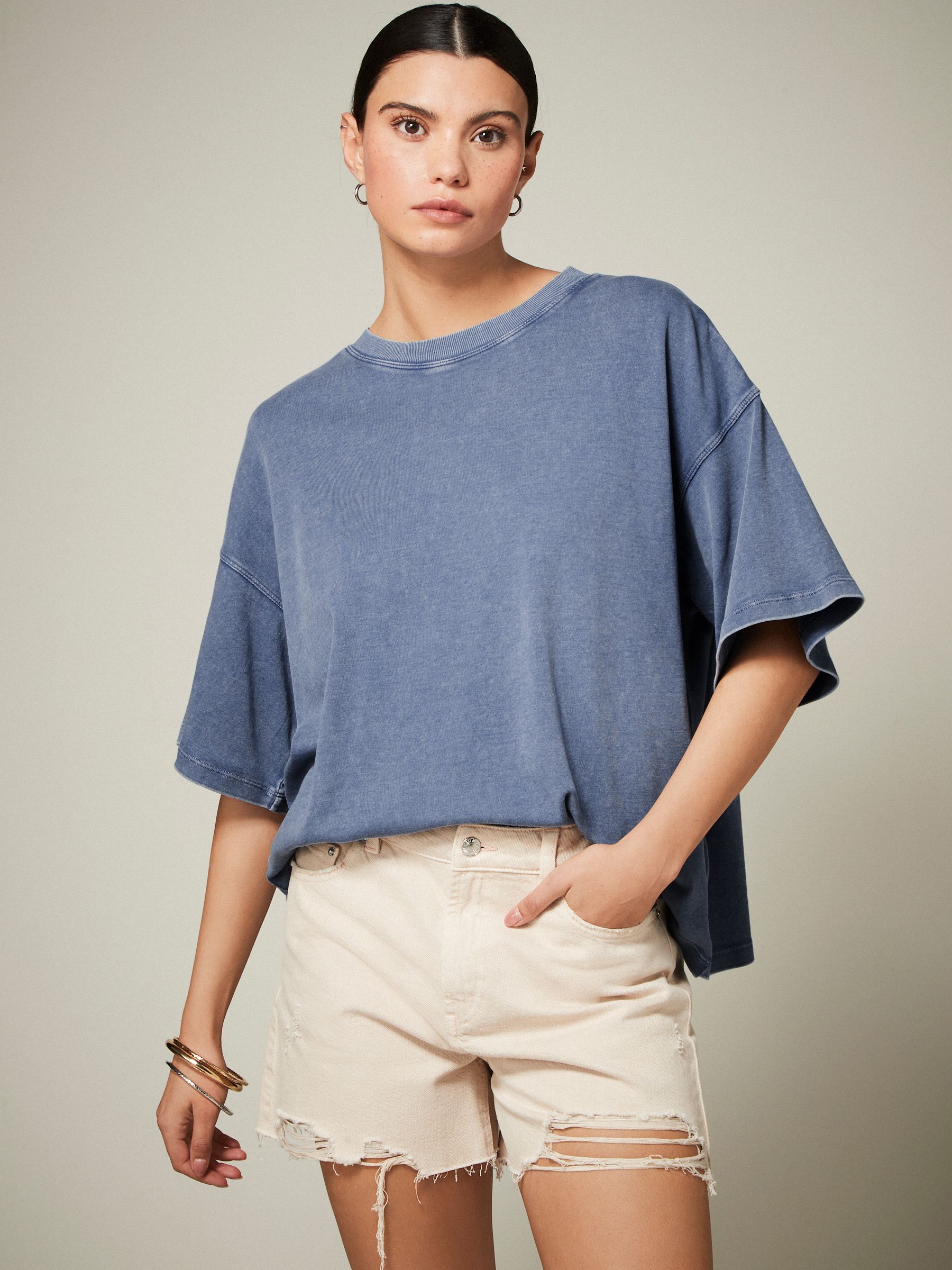 Blue Wash Oversized Relaxed Fit 100% Cotton Boxy Heavyweight Crew Neck T-Shirt