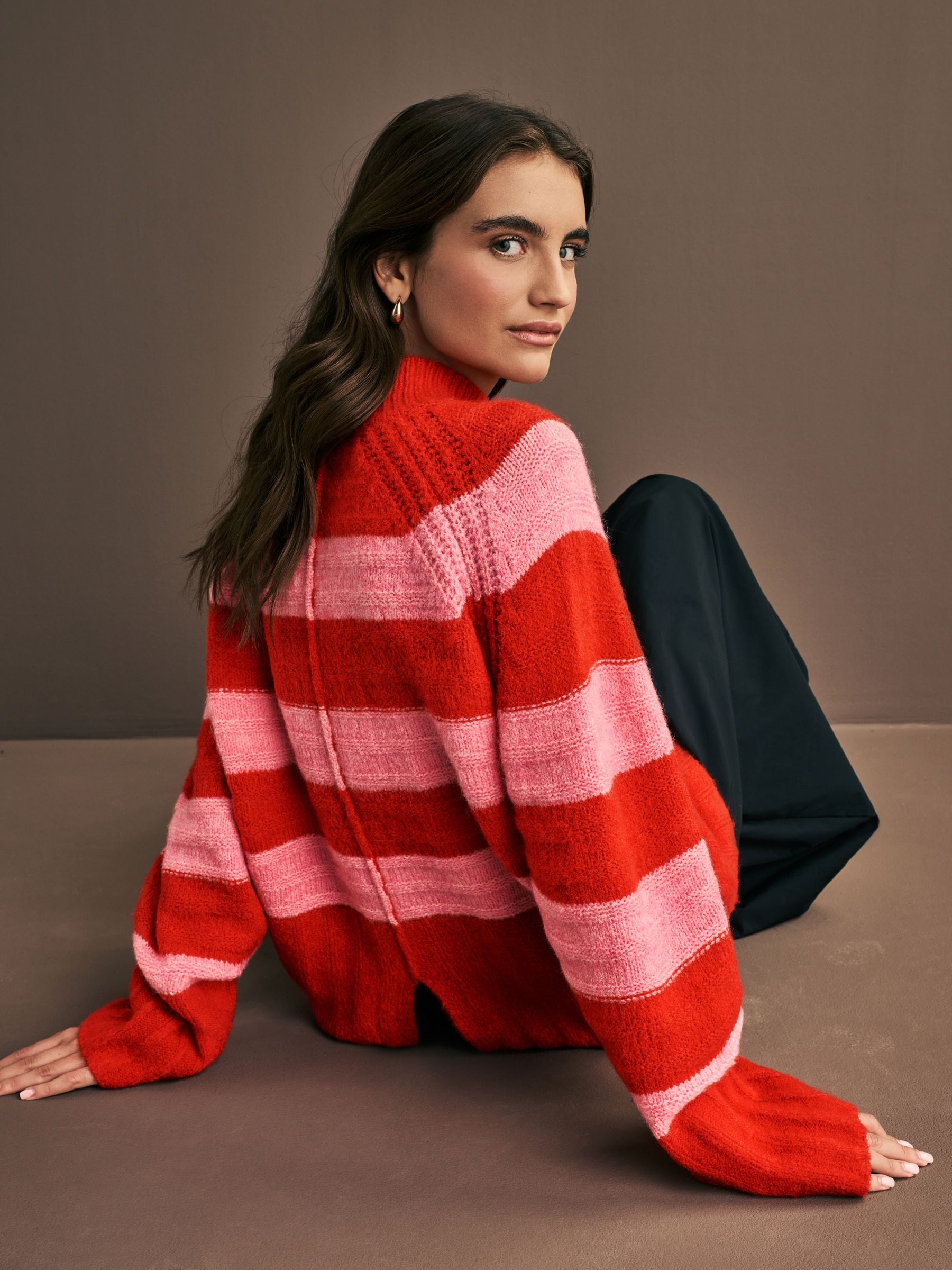 Red Pink Stripe High Neck Textured Knitted Jumper with Wool