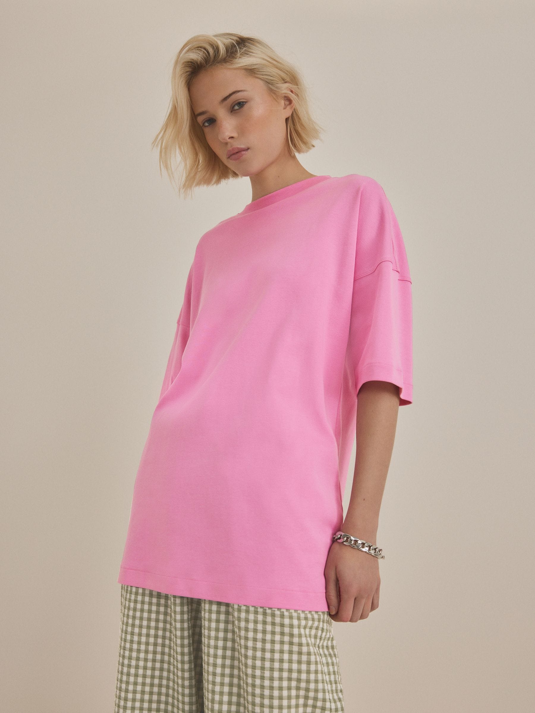 Bright Pink 100% Cotton Relaxed Fit Heavyweight Longline Crew Neck T-Shirt