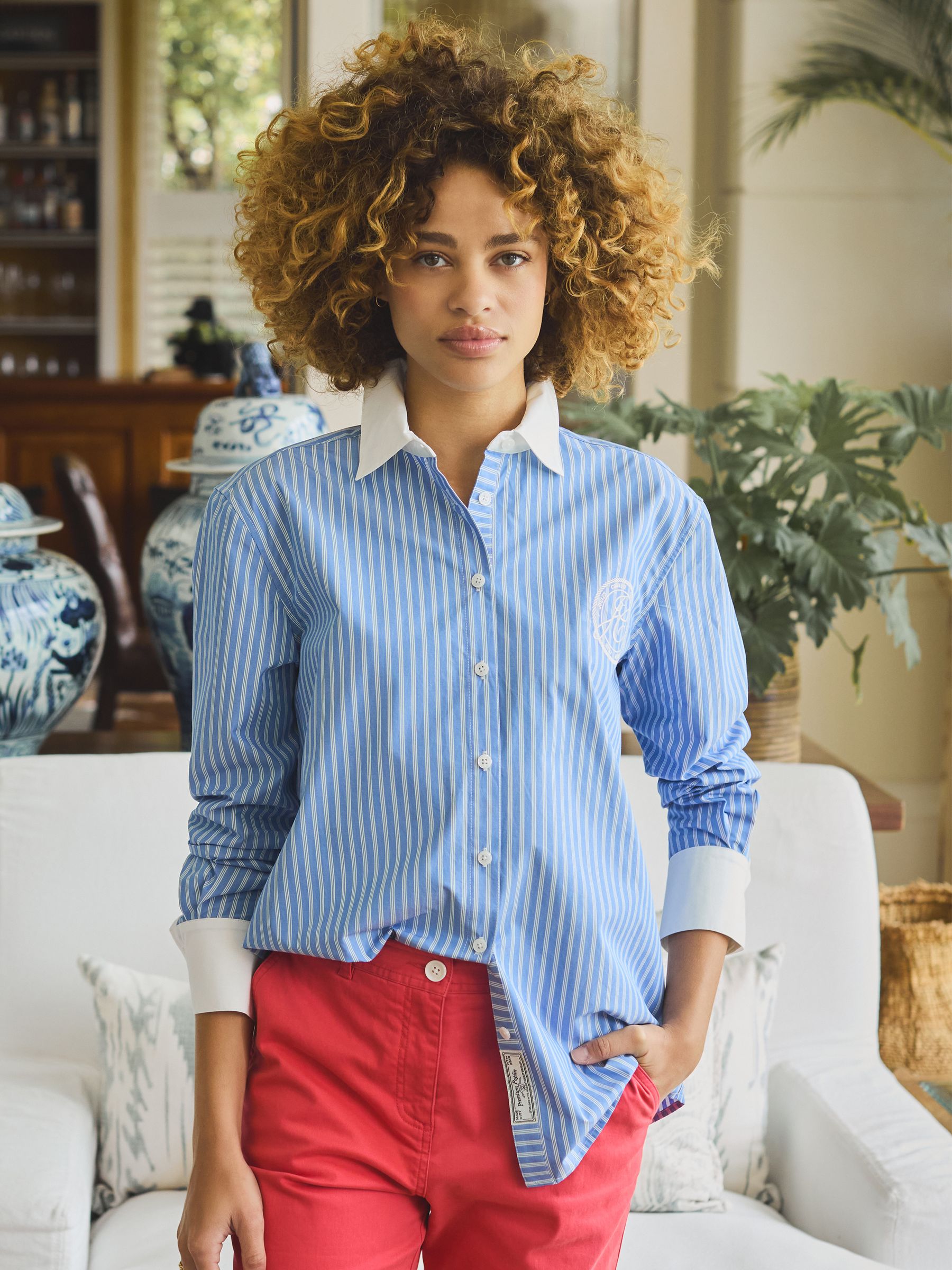 Joules Amilla Blue & White Embroidery Longline Relaxed Fit Shirt