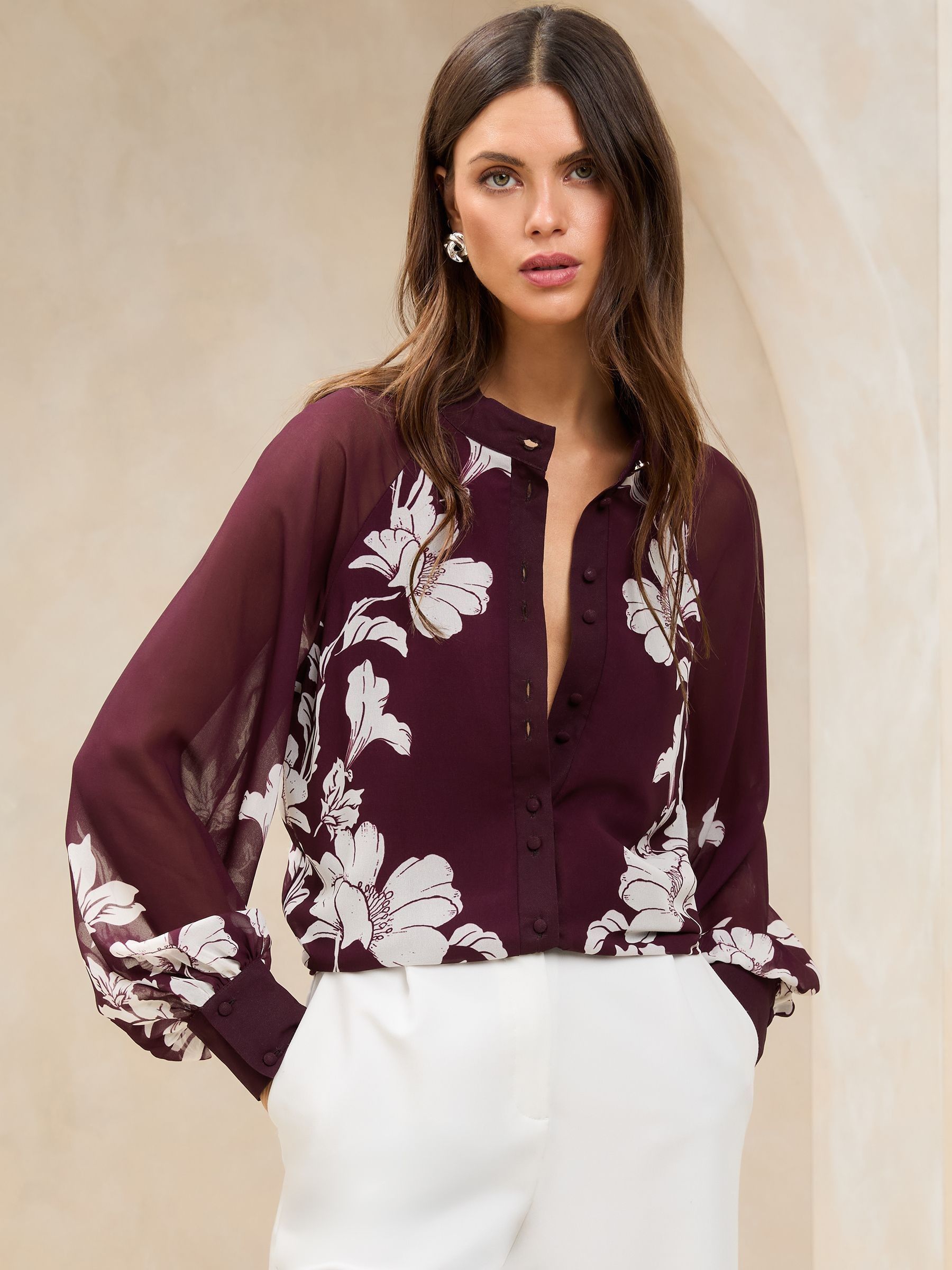 Lipsy Burgundy Red Long Sleeve Grandad Collar Blouse