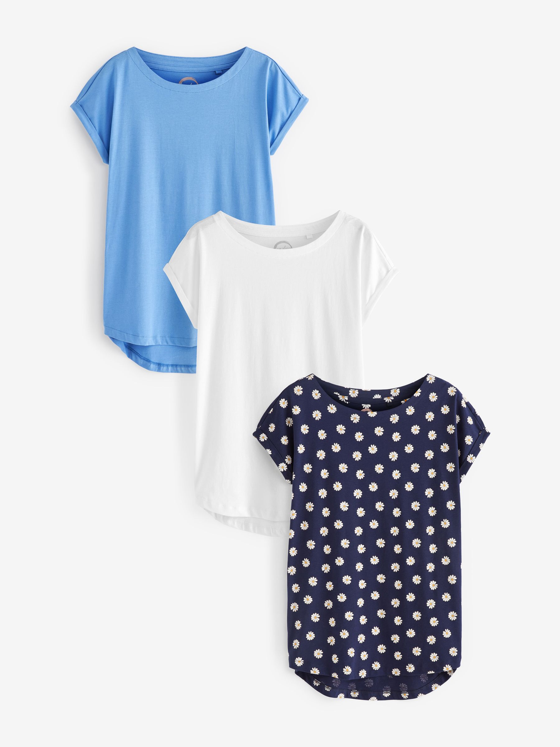 White/Blue/Daisy Print Cap Sleeve 100% Cotton T-Shirts 3 Pack