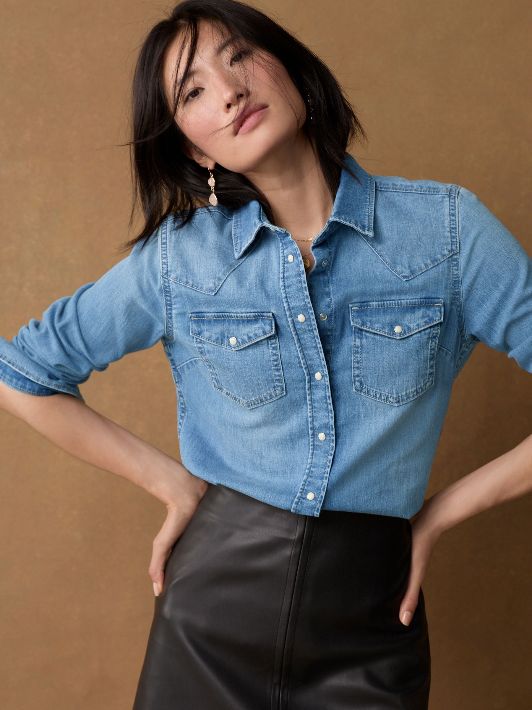 Mid Blue Seam Detail Fitted Denim Western Shirt