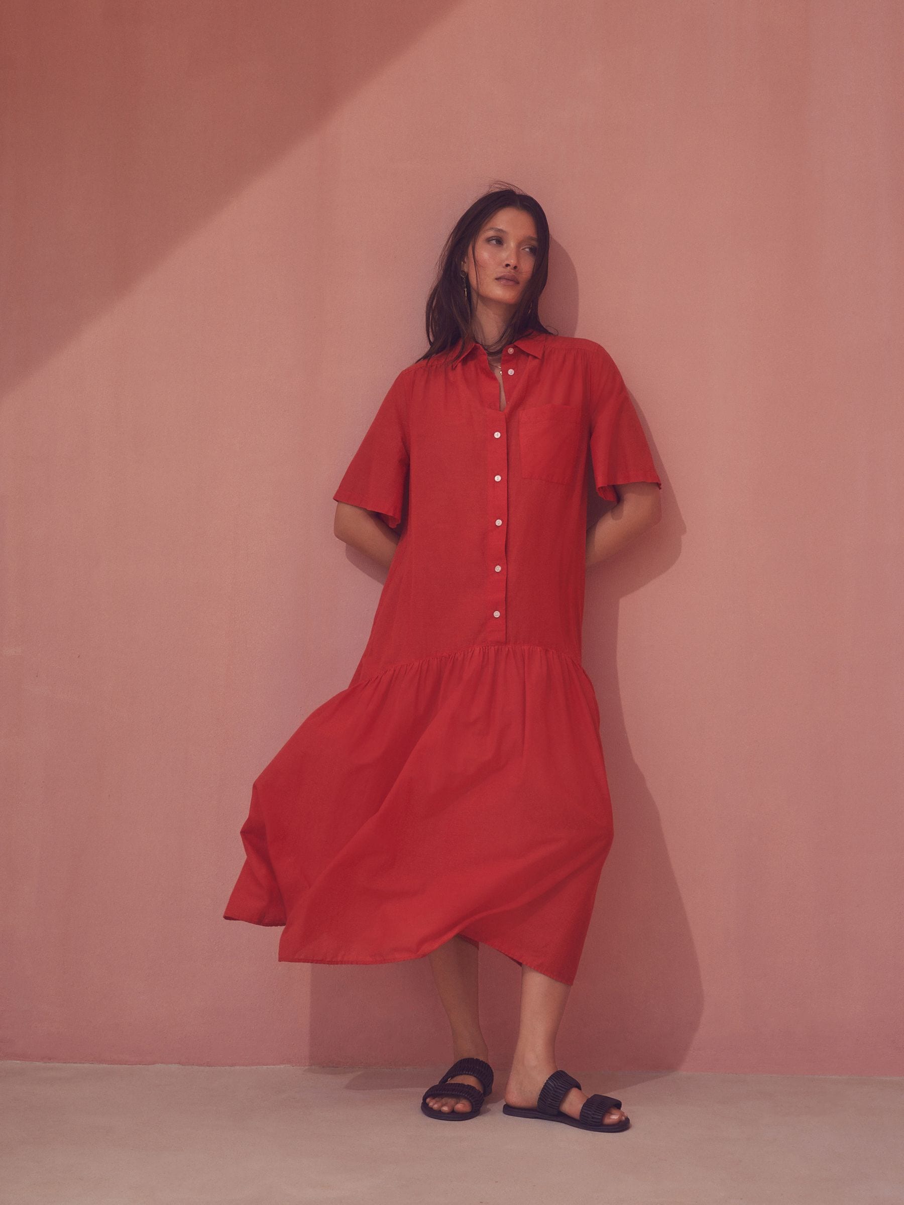 Red Short Sleeve Drop Waist 100% Cotton Maxi Shirt Dress