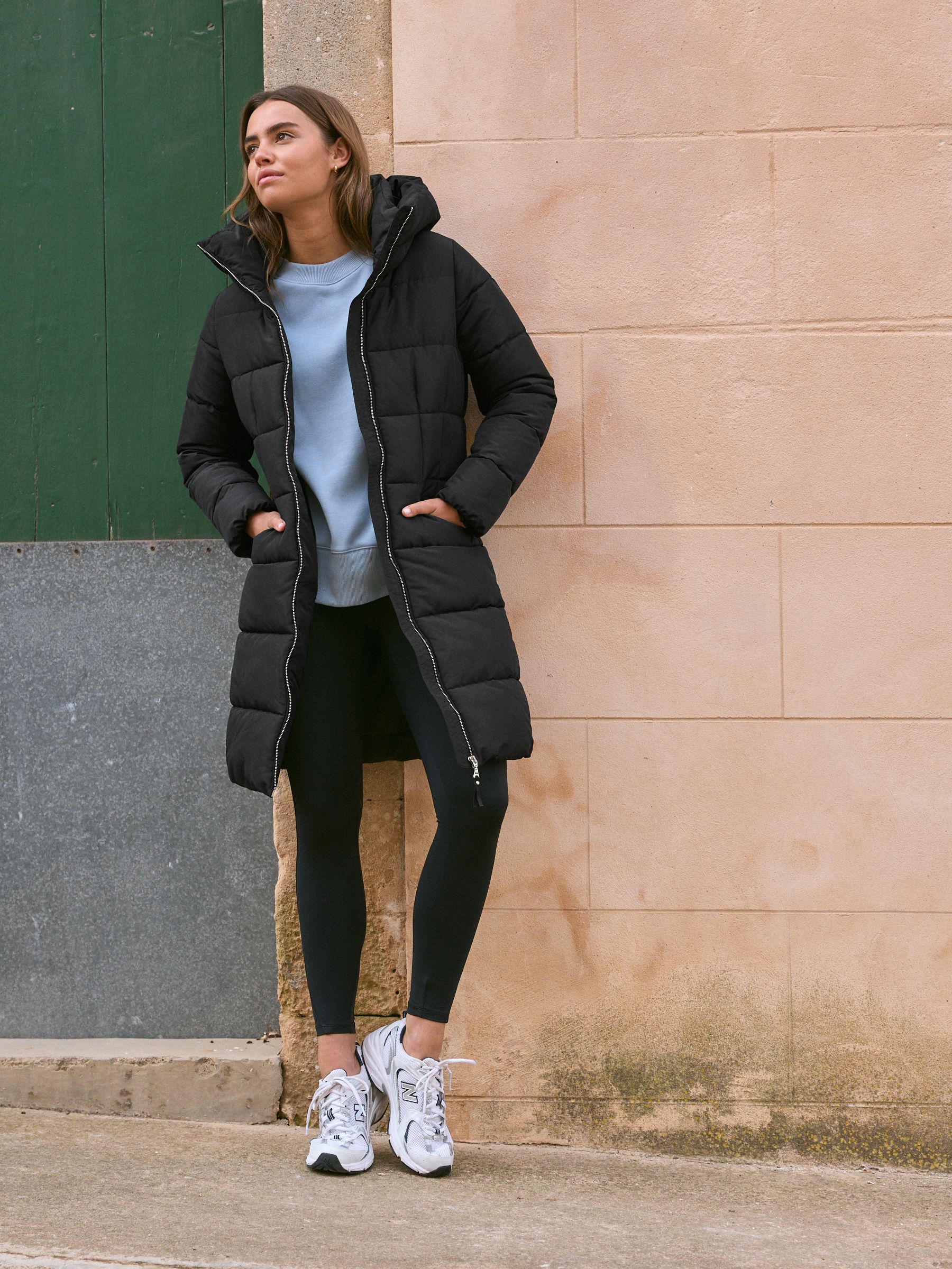 Black Shower Resistant Padded Puffer Hooded Mid Length Coat