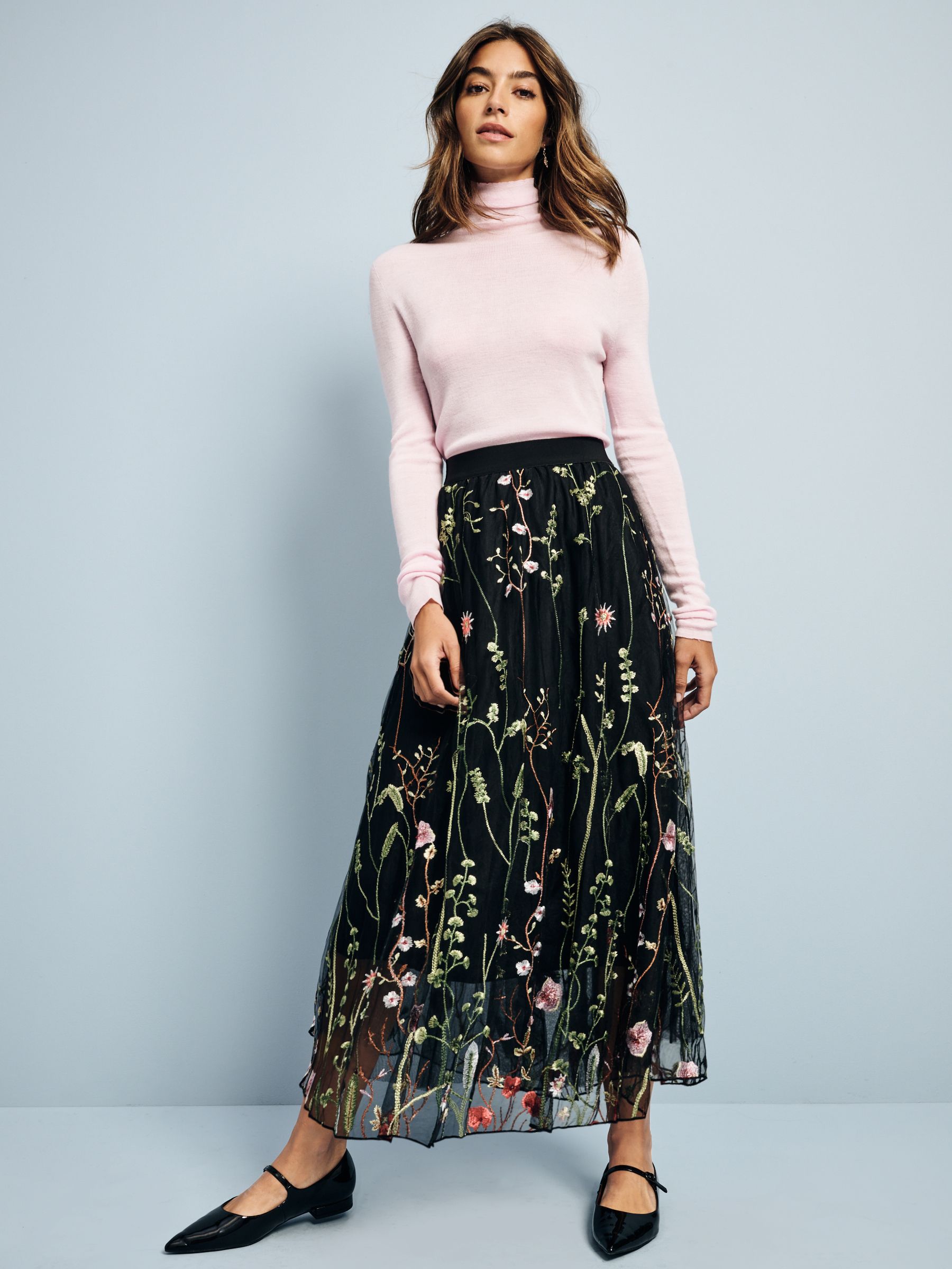 Black Embroidered Mesh Tulle Boho Maxi Skirt