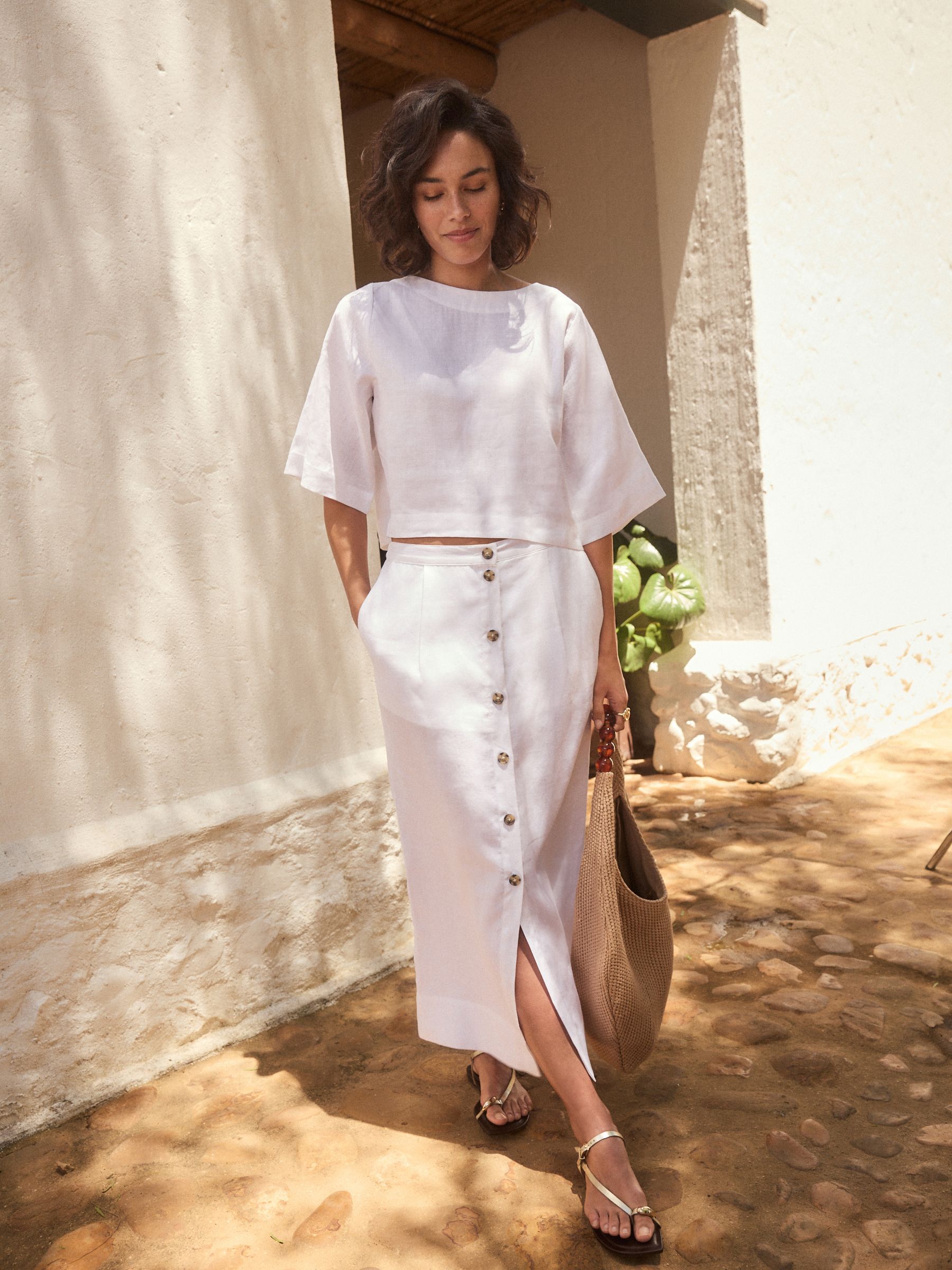 White Premium 100% Linen Button Down Pencil Skirt