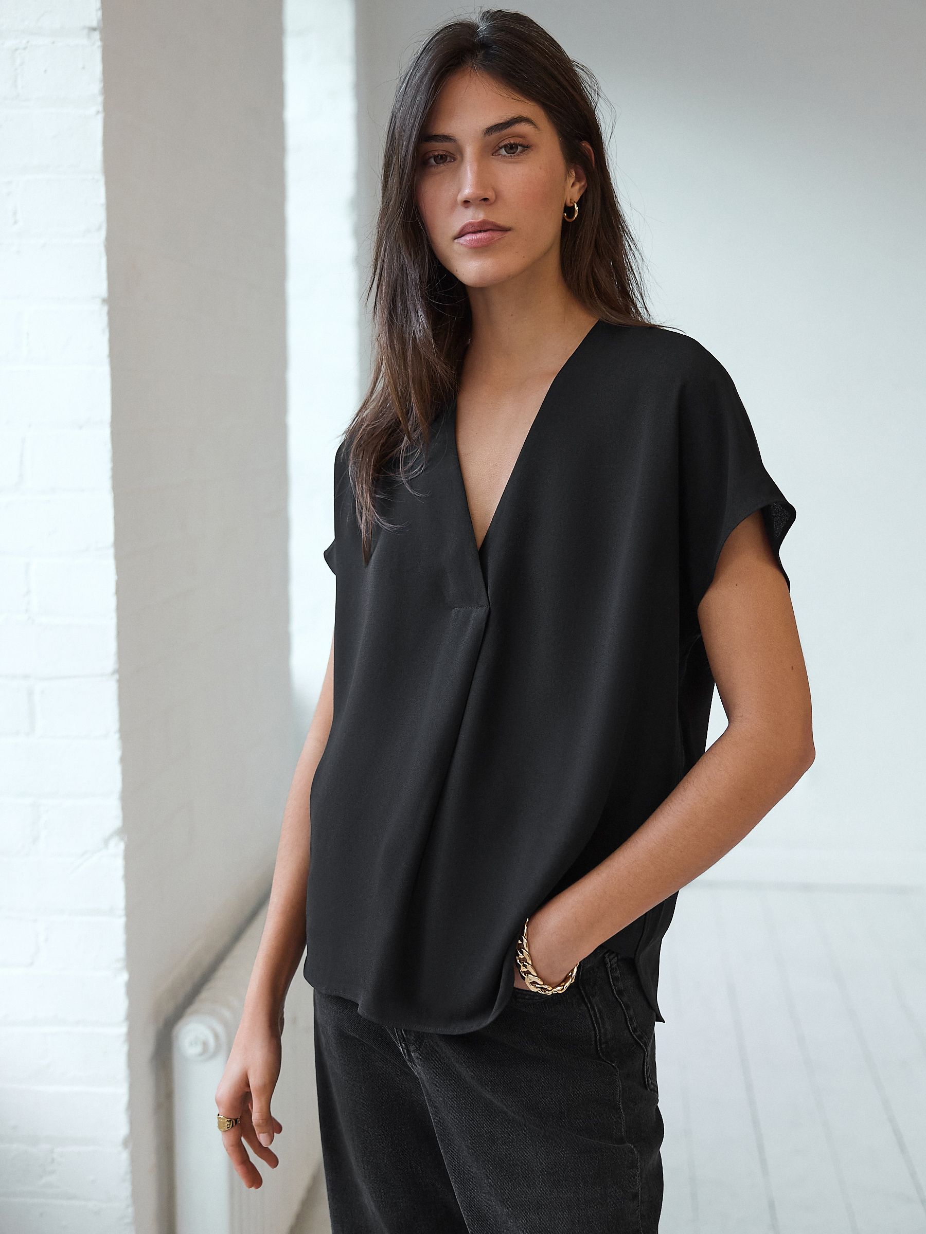 Black Relaxed Fit Short Sleeve Overhead V-Neck Blouse