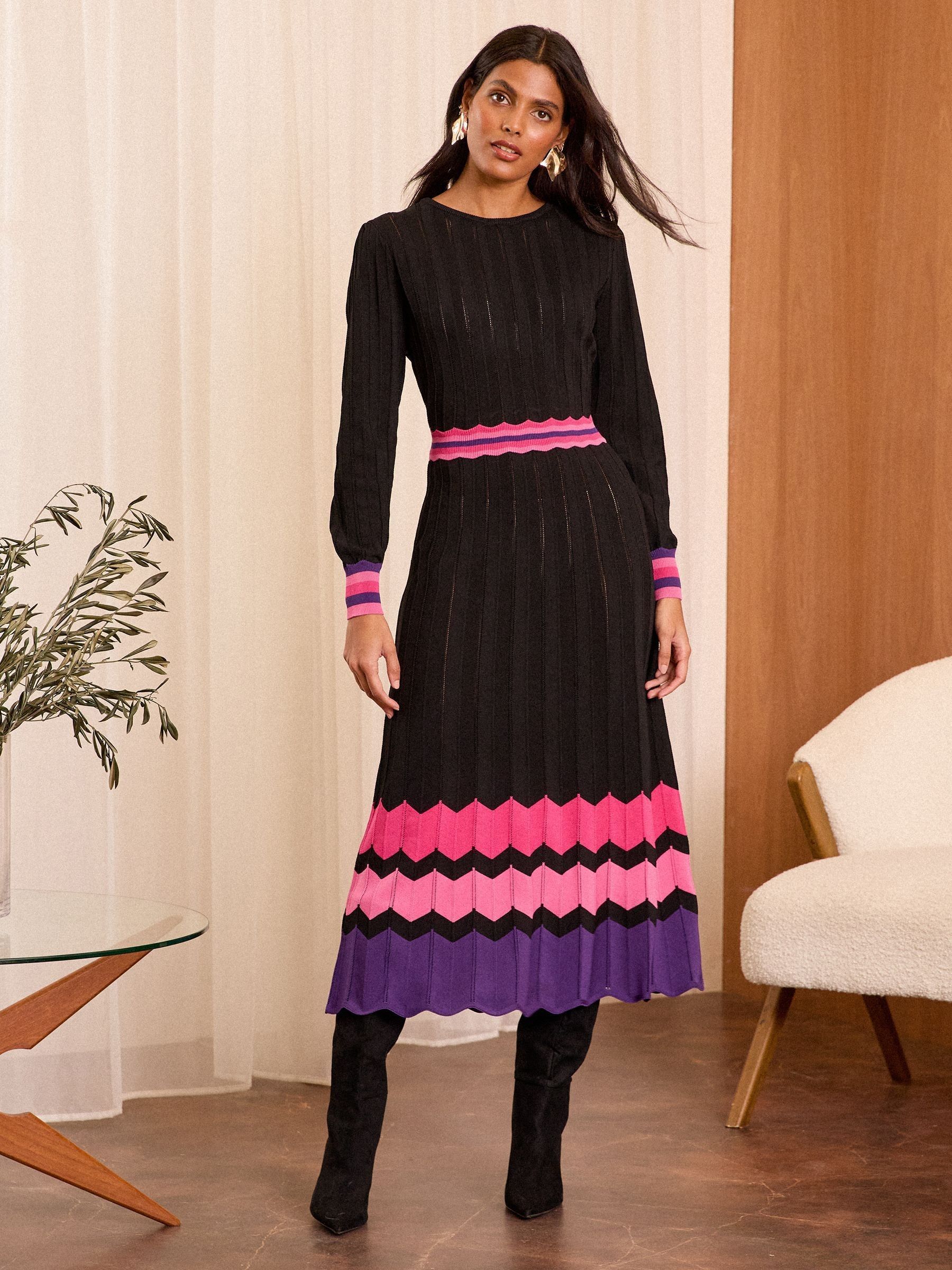 Love & Roses Black Fine Gauge Pleated Midi Knitted Dress