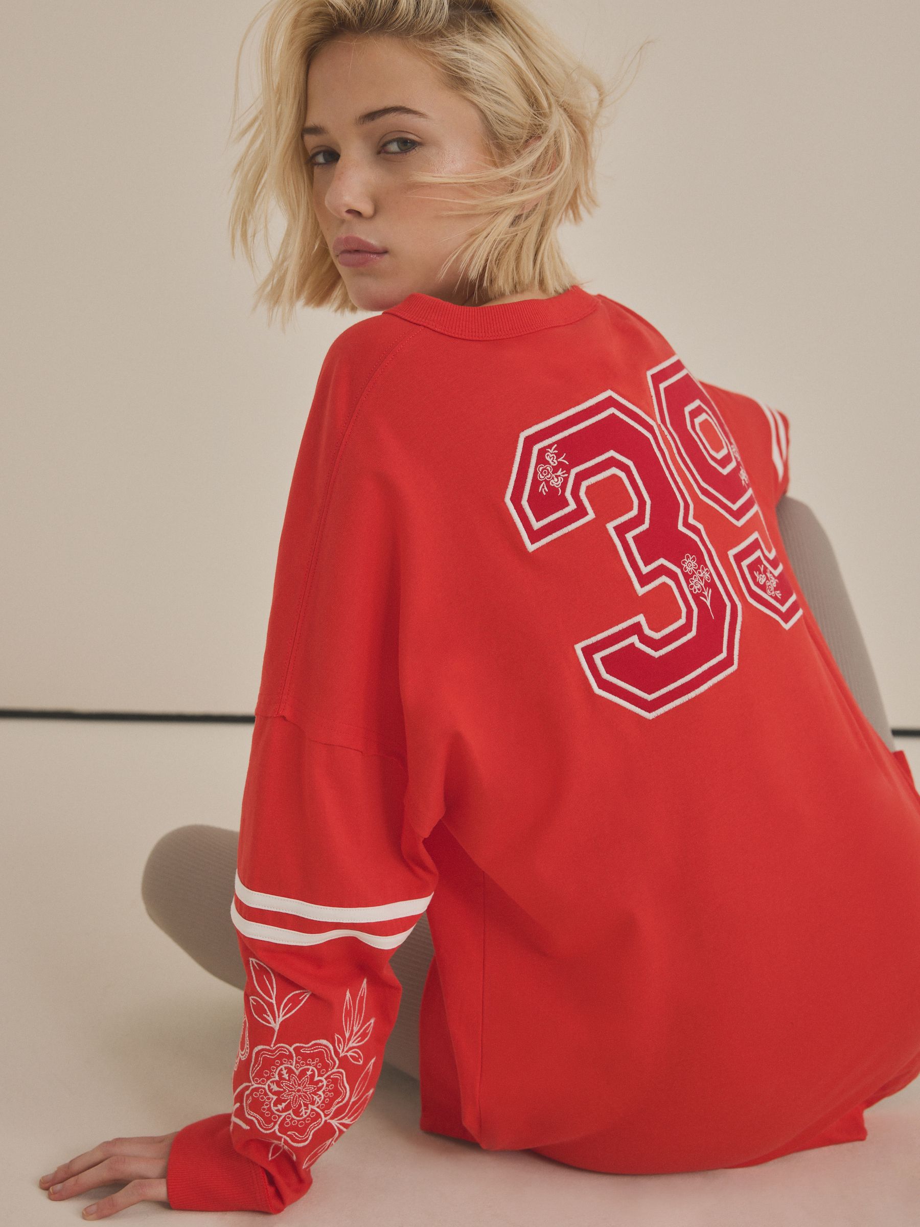 Red 100% Cotton Seam Detail Long Sleeve Skater T-Shirt