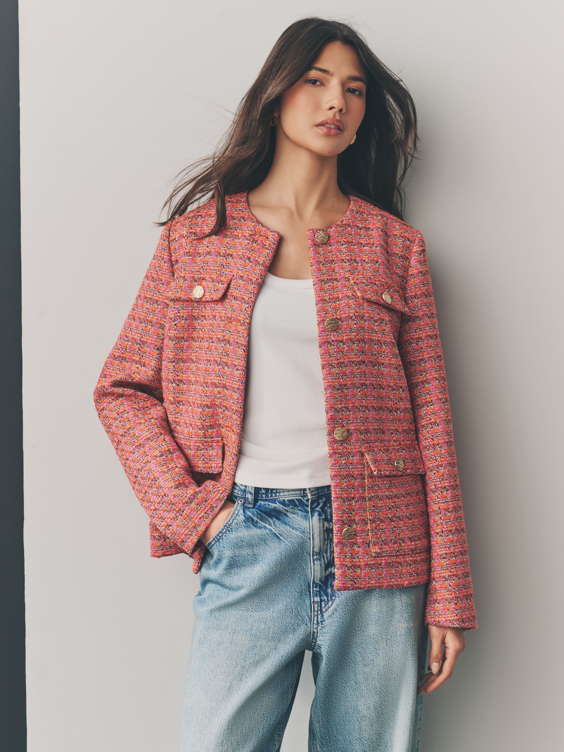 Pink/Orange Collarless Textured Boucle Jacket